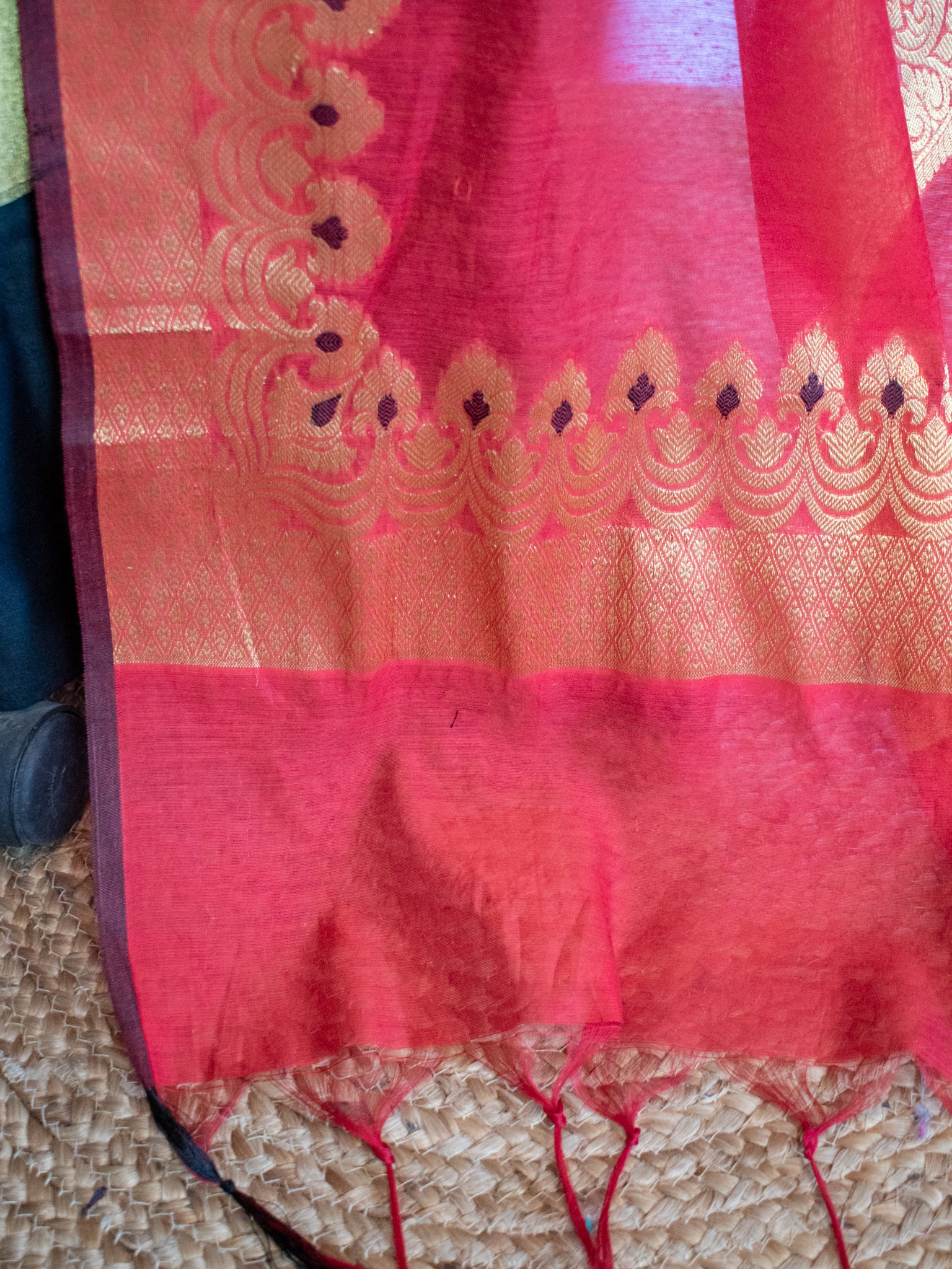 Banarasi Cotton Silk Salwar Kameez With Zari Weaving & Dupatta- Black & Red
