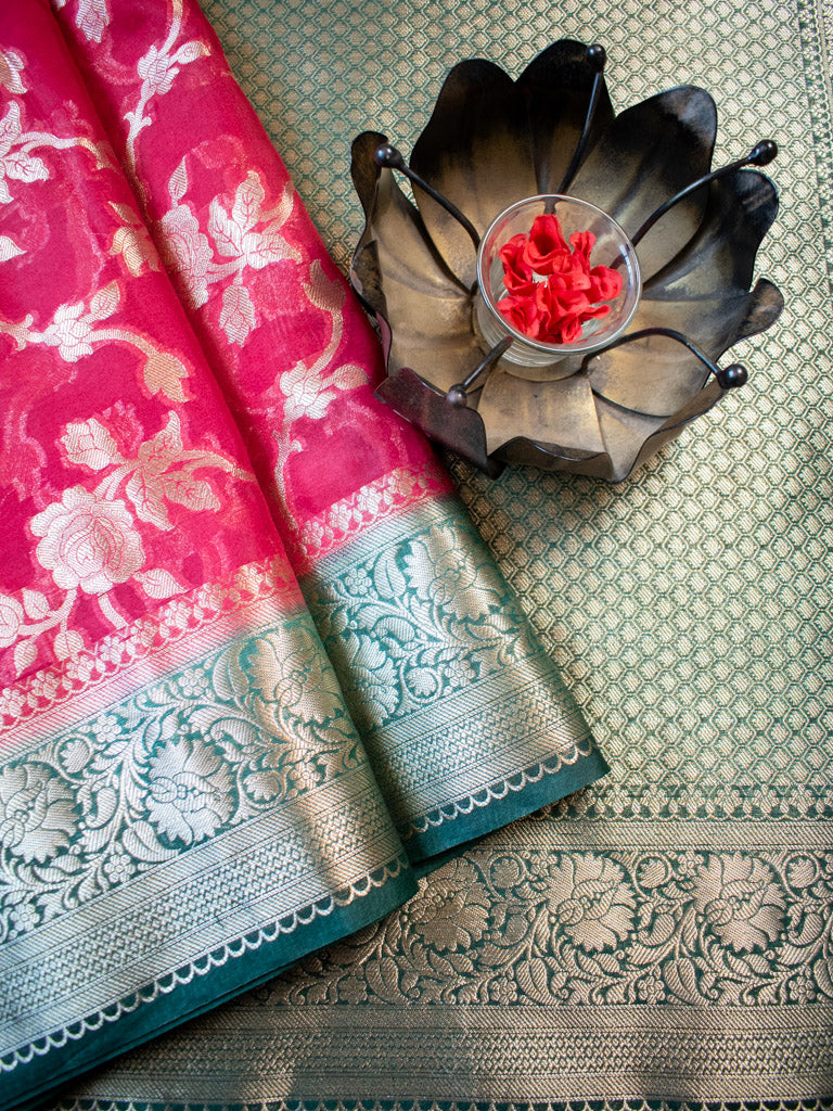 Banarasi Kora Saree With Zari Jaal Weaving & Contrast Border-Red