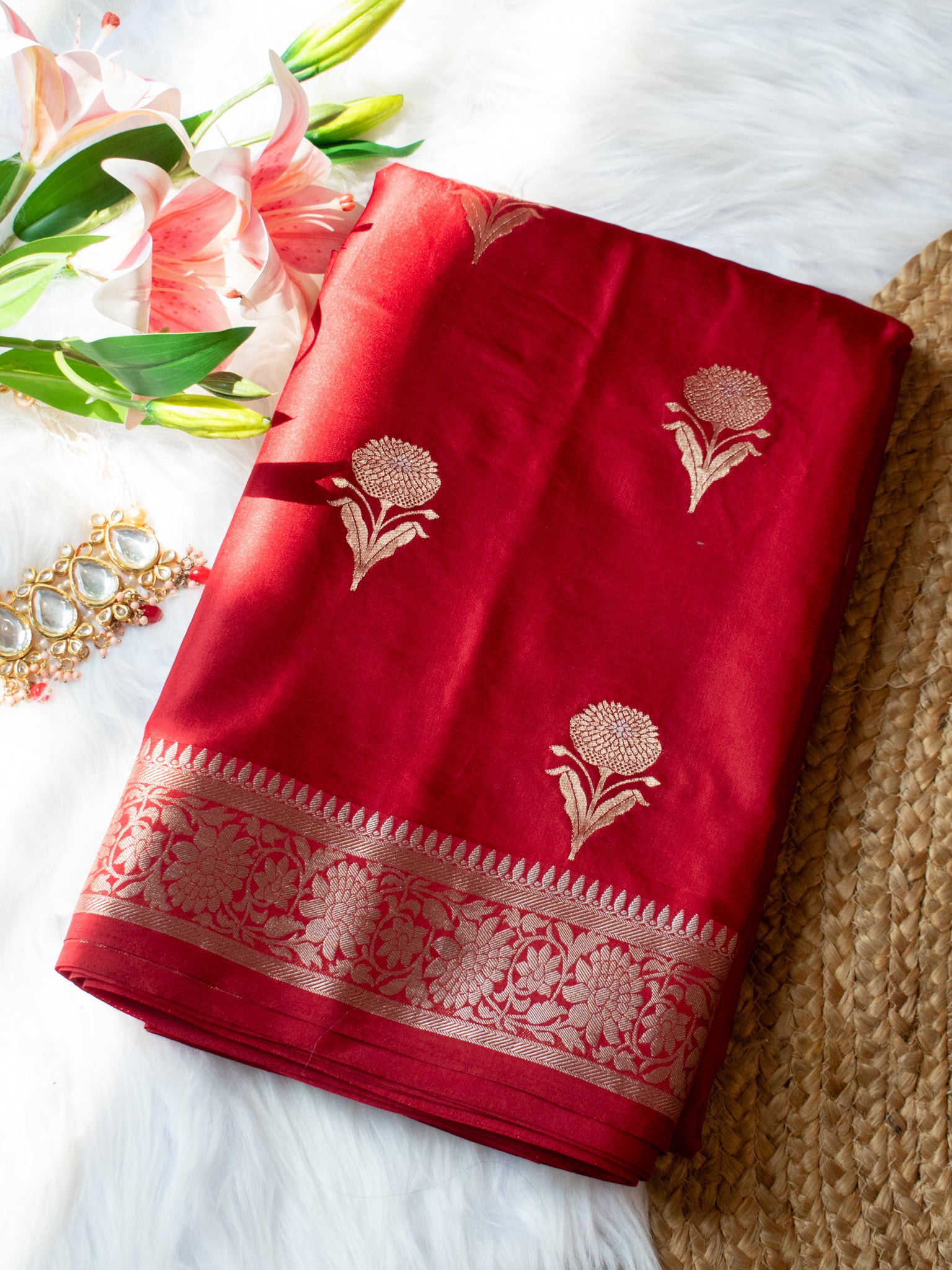 Banarasi Mashru Silk Saree With Buti & Border- Red