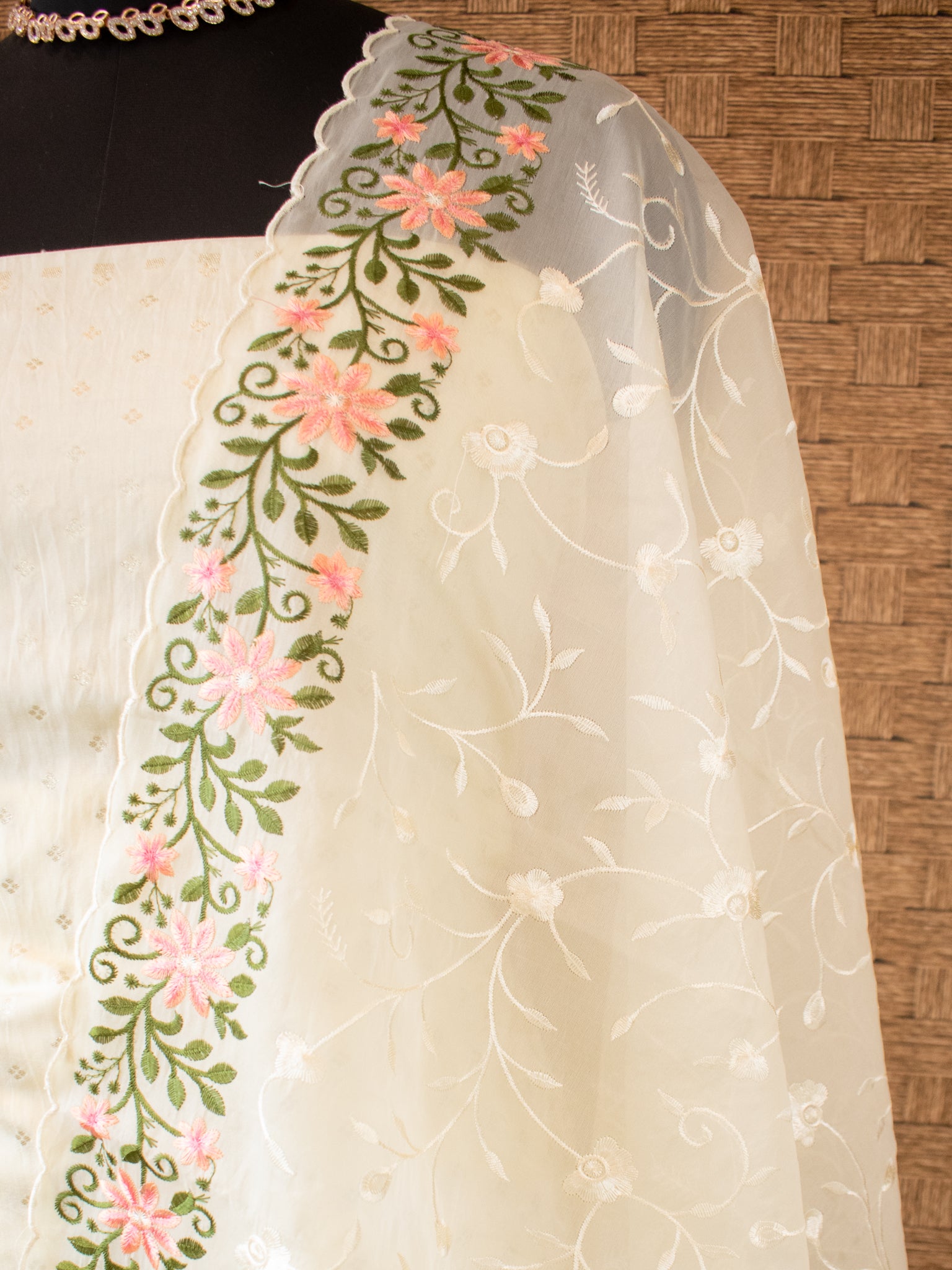 Banarasi Modal Salwar Kameez Fabric With Organza Dupatta-Cream