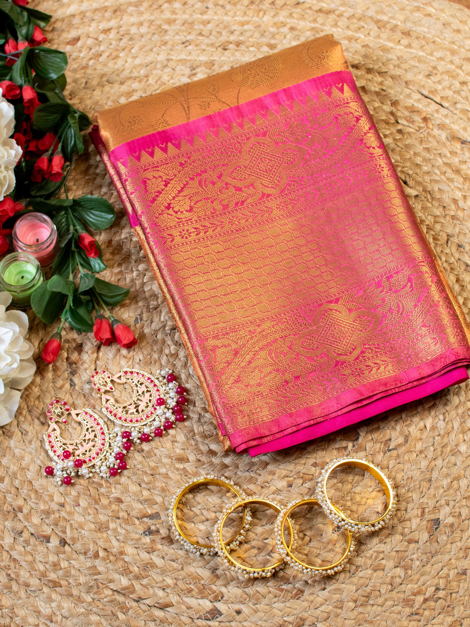 Banarasi Kora Muslin Saree With Copper Zari Weaving & Border-Peach & Gold
