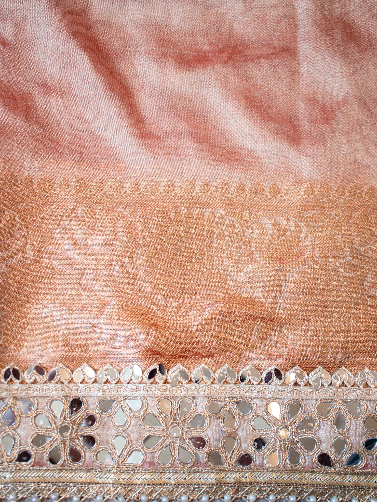 Banarasi Plain Tissue Saree with Mirror Lace Border - Rust