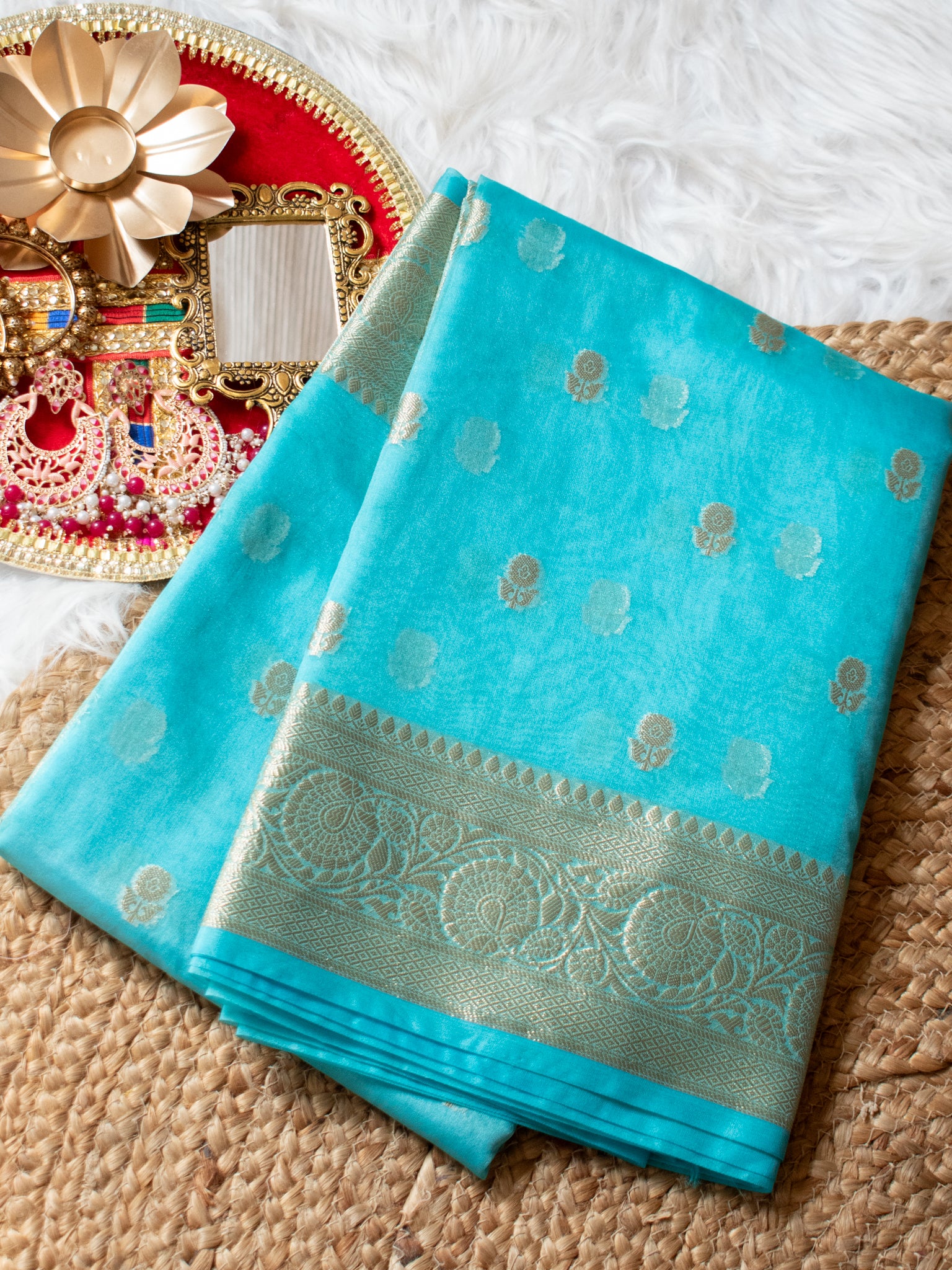 Banarasi Organza Mix Saree With Zari Weaving & Border- Blue