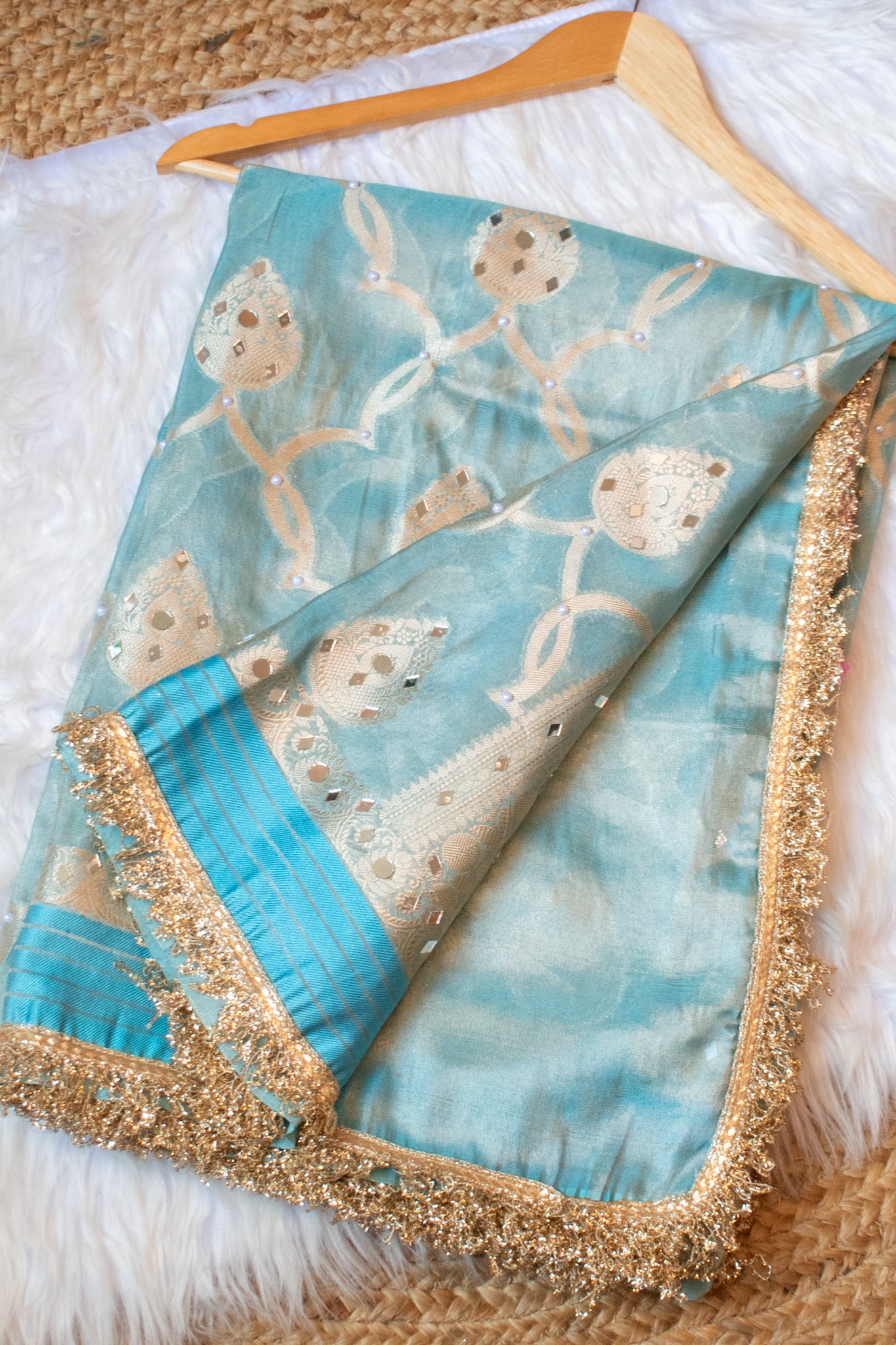 Banarasi Soft Tissue Saree With Mirror Work & Lace Border- Aqua Blue