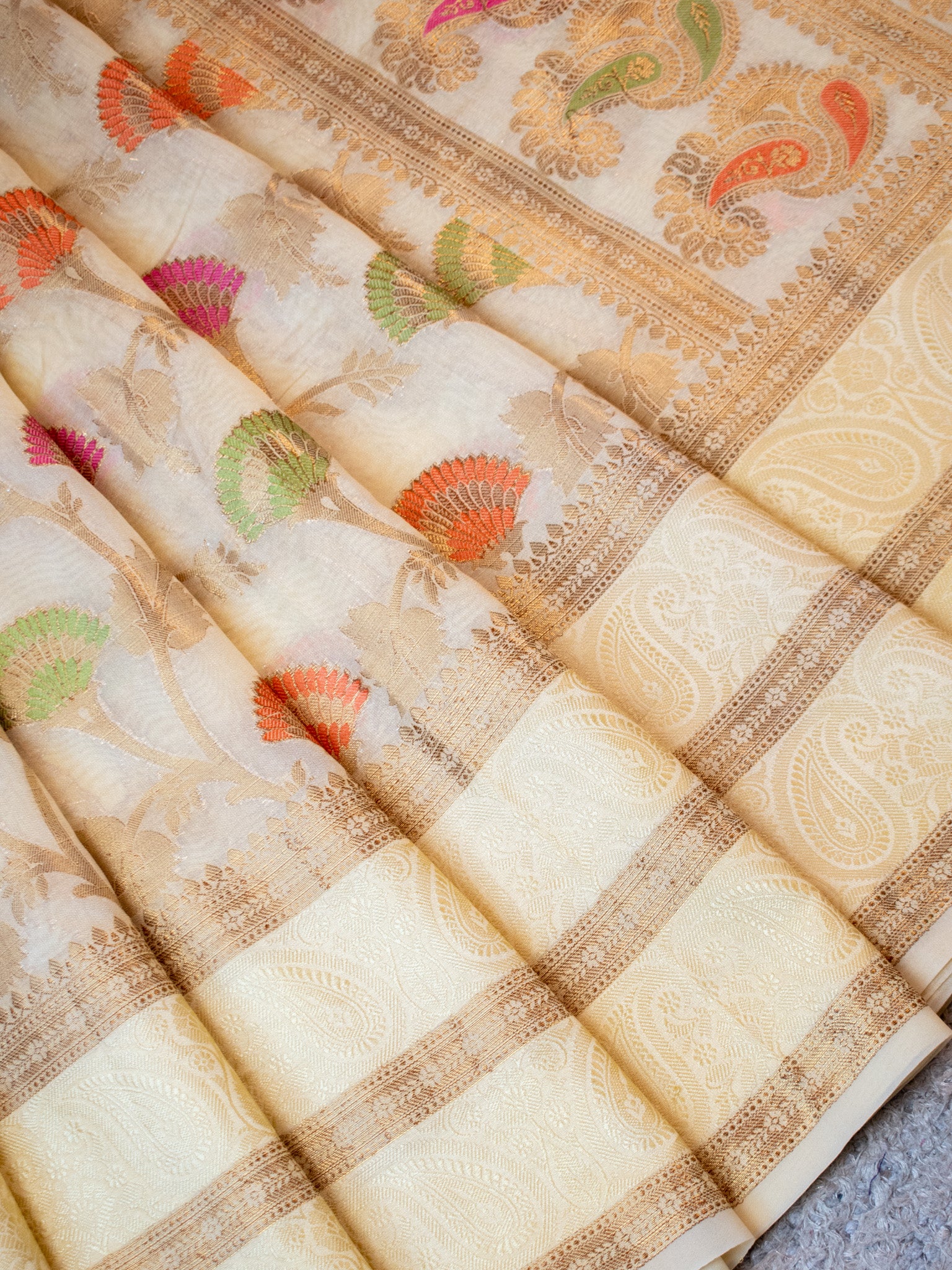 Banarasi Cotton Silk Saree With Resham Weaving & Border-Beige