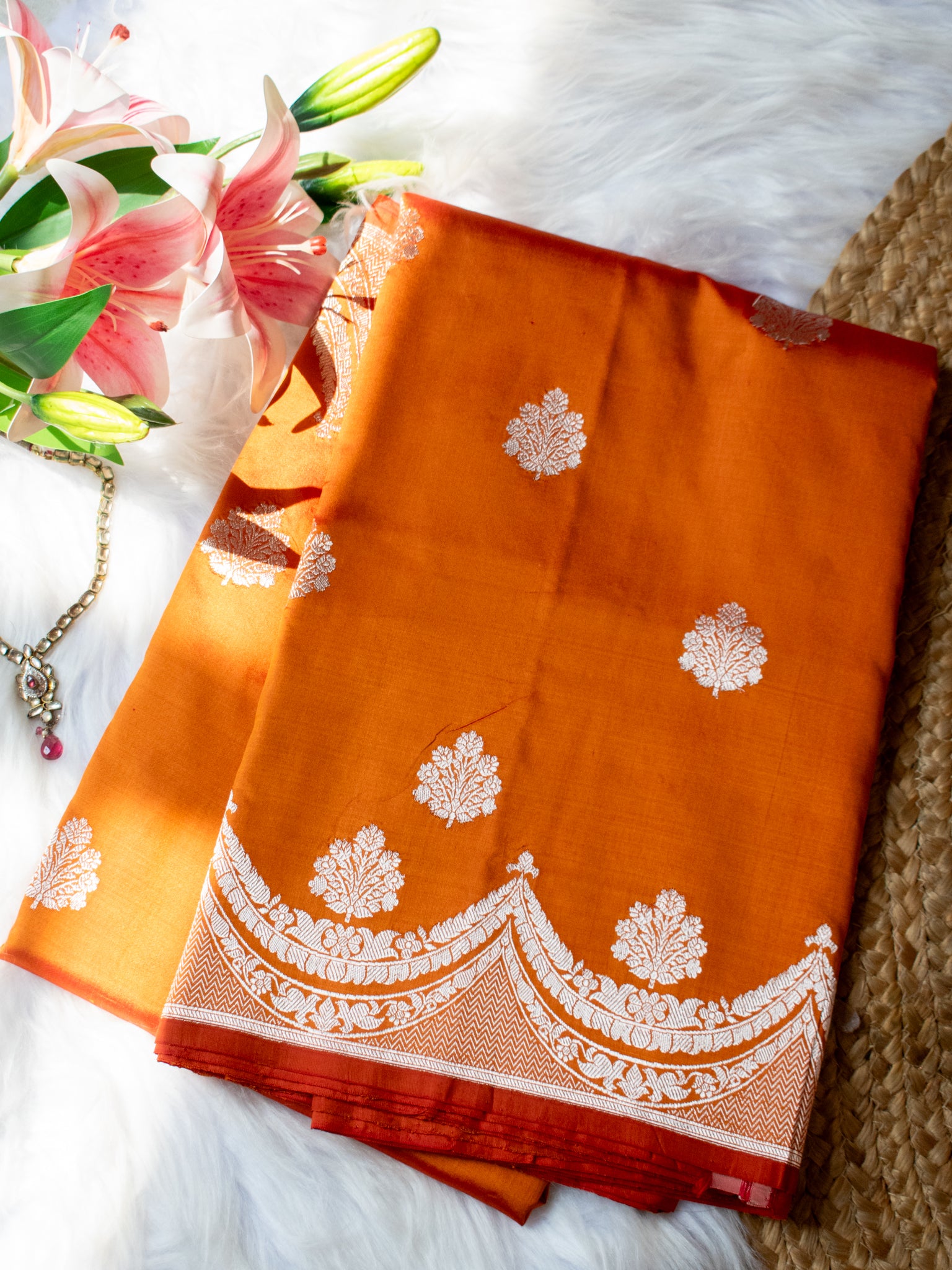 Banarasi Pure Katan Saree With Buti & Border- Orange