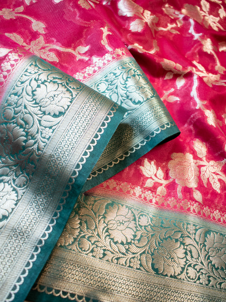 Banarasi Kora Saree With Zari Jaal Weaving & Contrast Border-Red