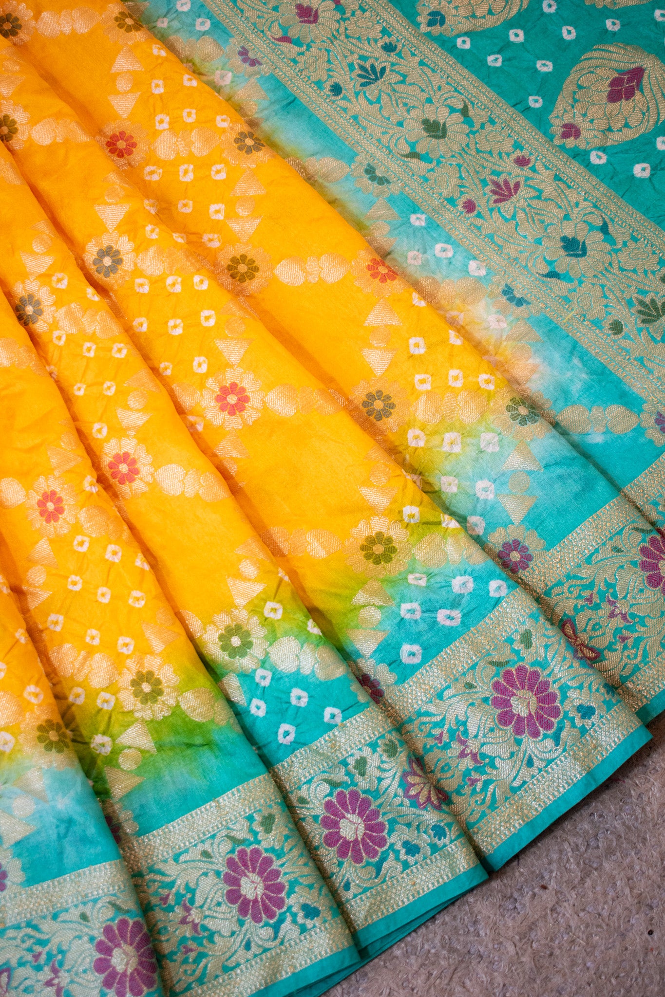 Banarasi Semi Silk Dual Shade Bandhani Saree With Meena & Jaal Weaving-Yellow