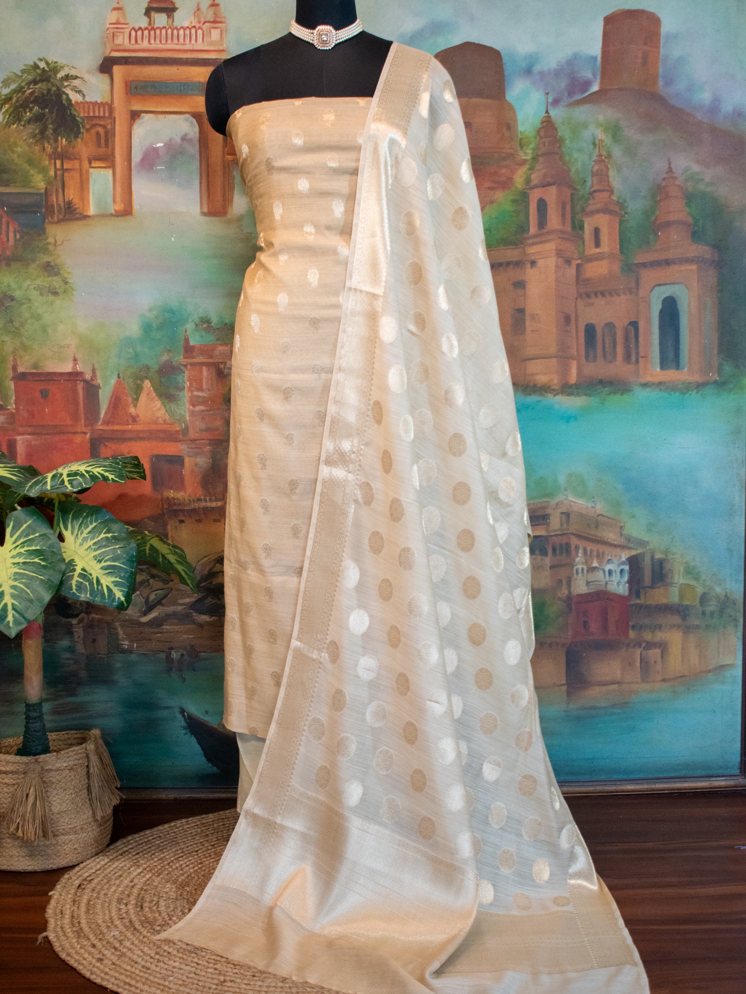 Banarasi Pure Muga Silk Salwar Kameez- Beige