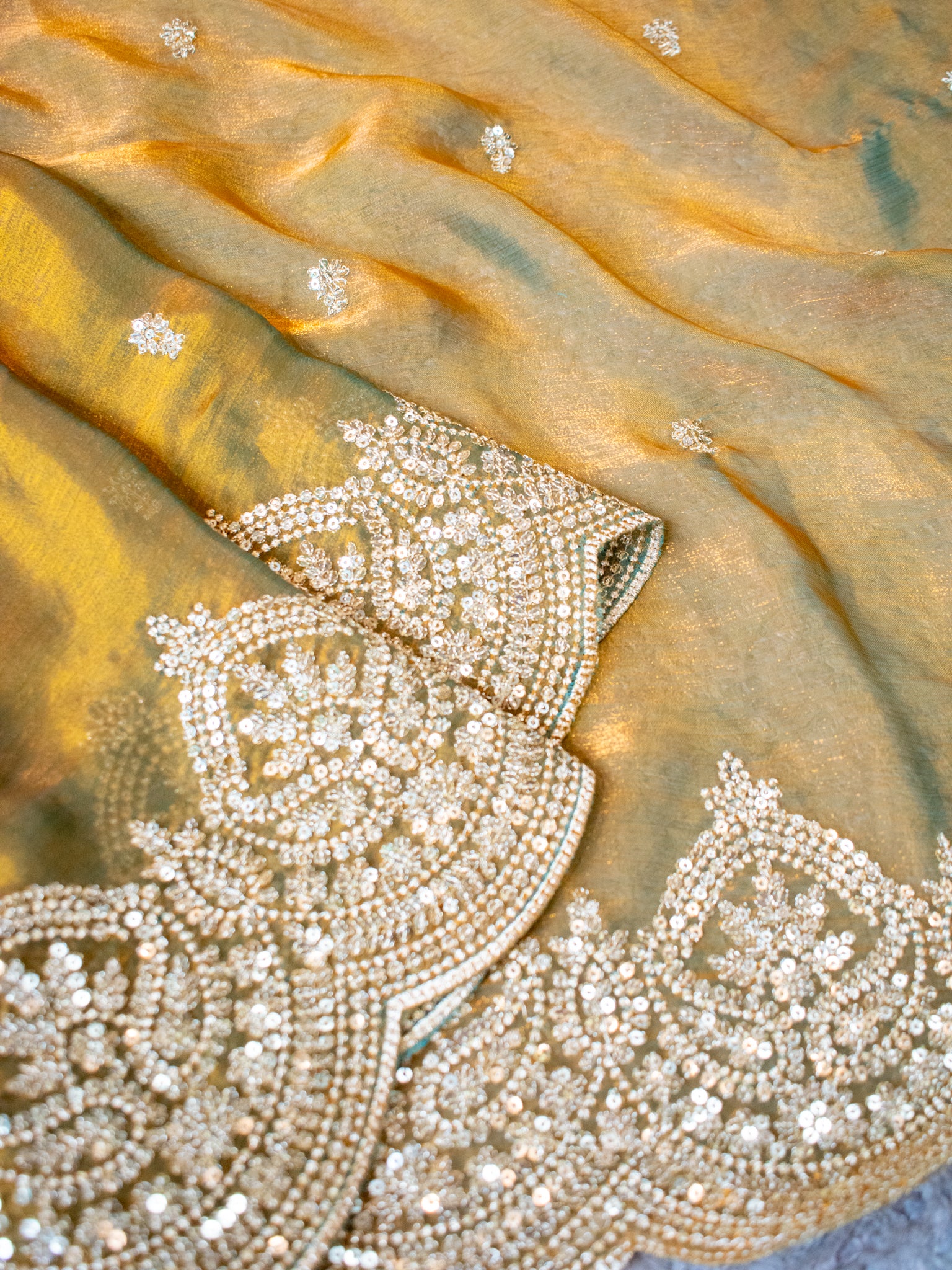 Tissue Sequin Saree With Scallop Border- Mustard Yellow