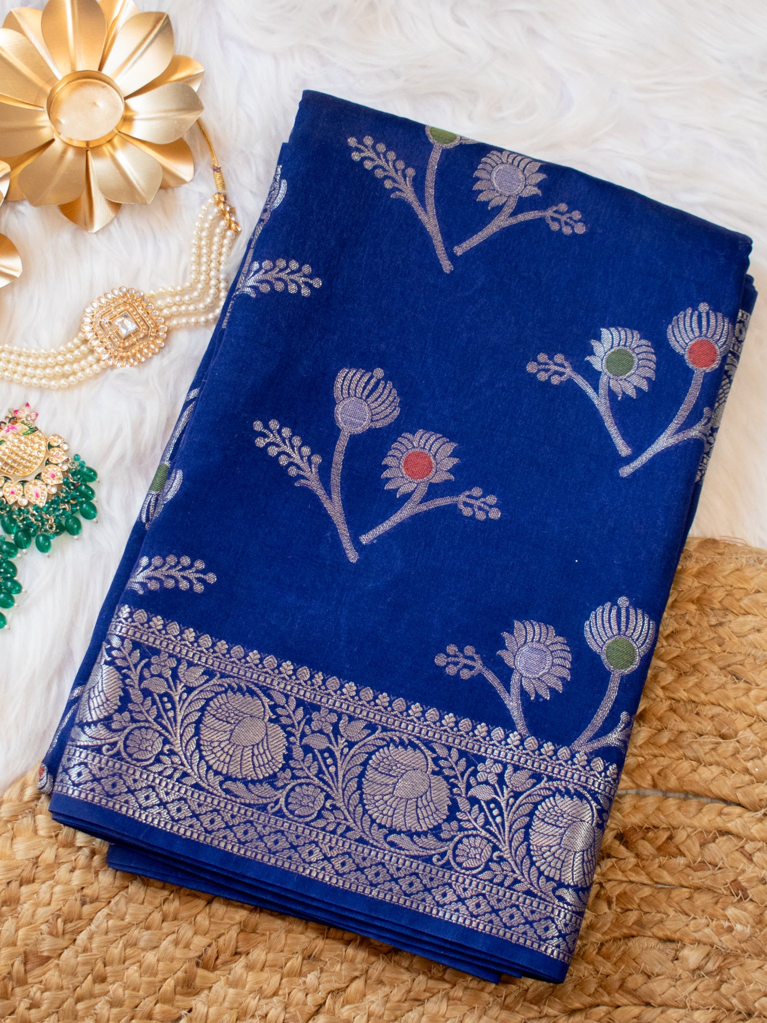Banarasi Cotton Silk Saree With Zari Weaving & Border- Blue
