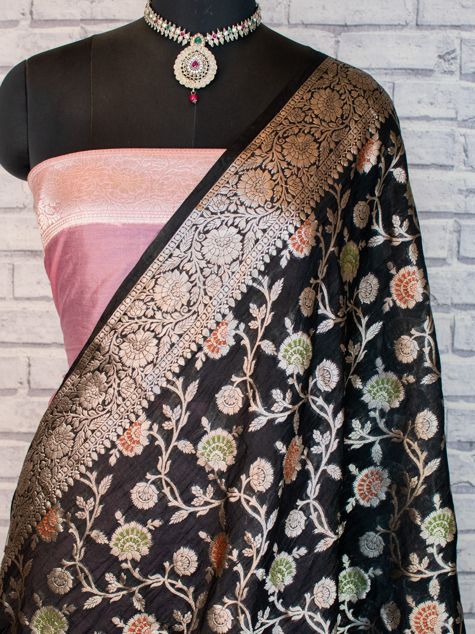Banarasi Cotton Silk Saree Silver Zari Floral Weaving With Border- Black