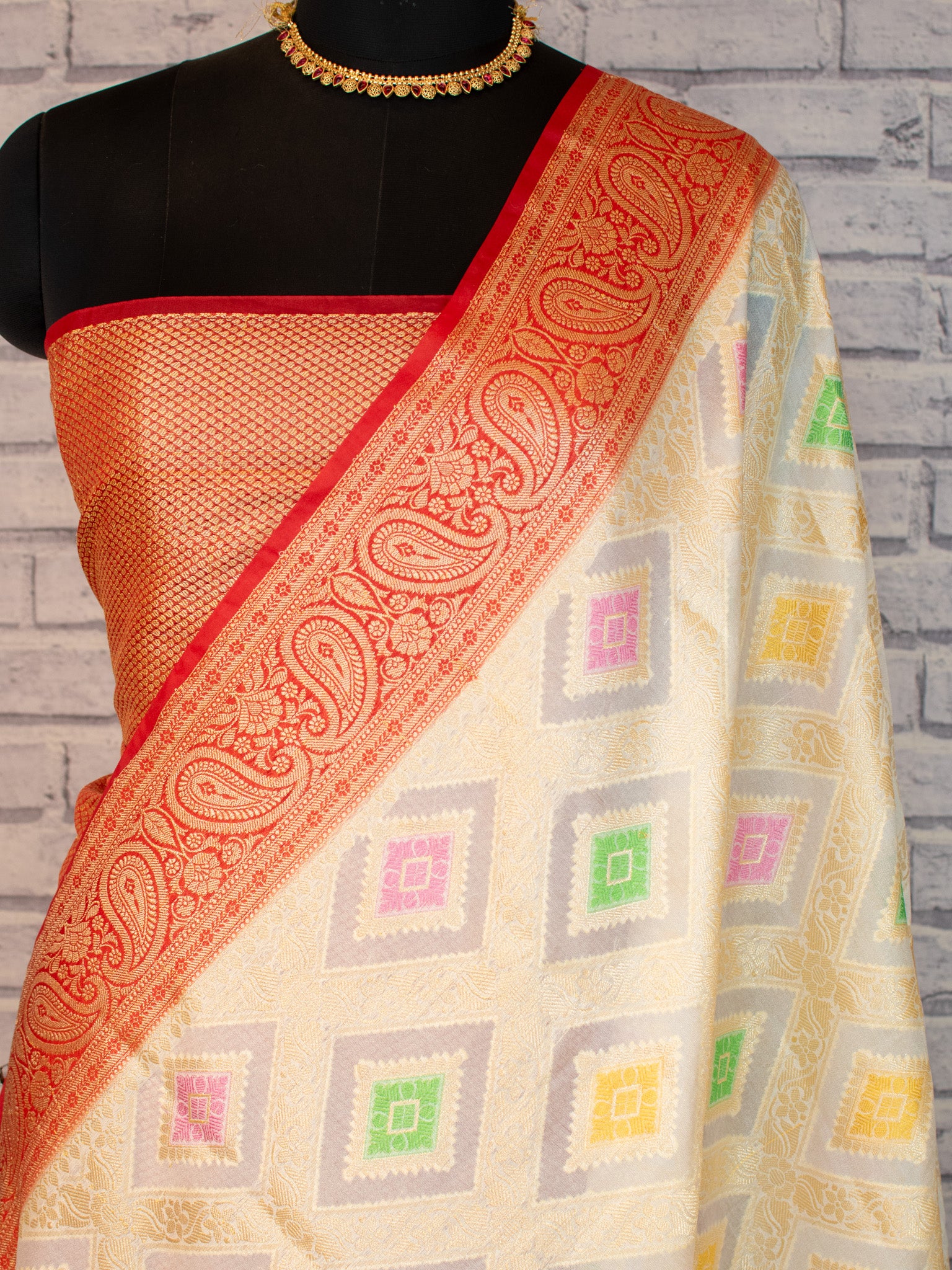 Banarasi Faux Georgette Saree With Gold Zari & Resham Jaal Work-White & Red