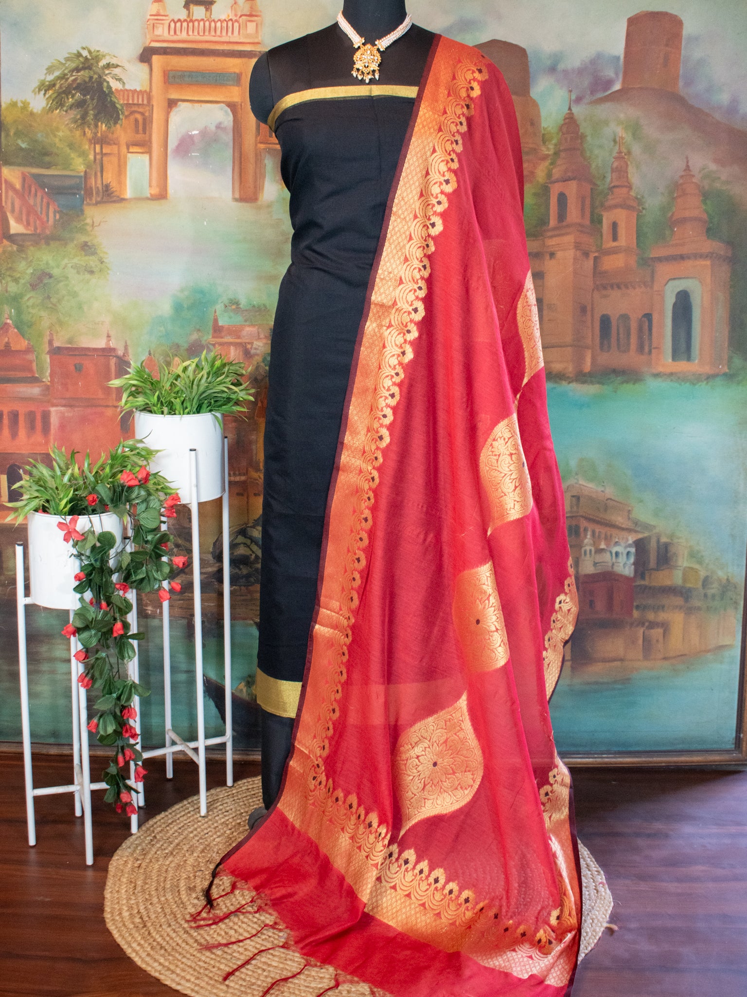 Banarasi Cotton Silk Salwar Kameez With Zari Weaving & Dupatta- Black & Red