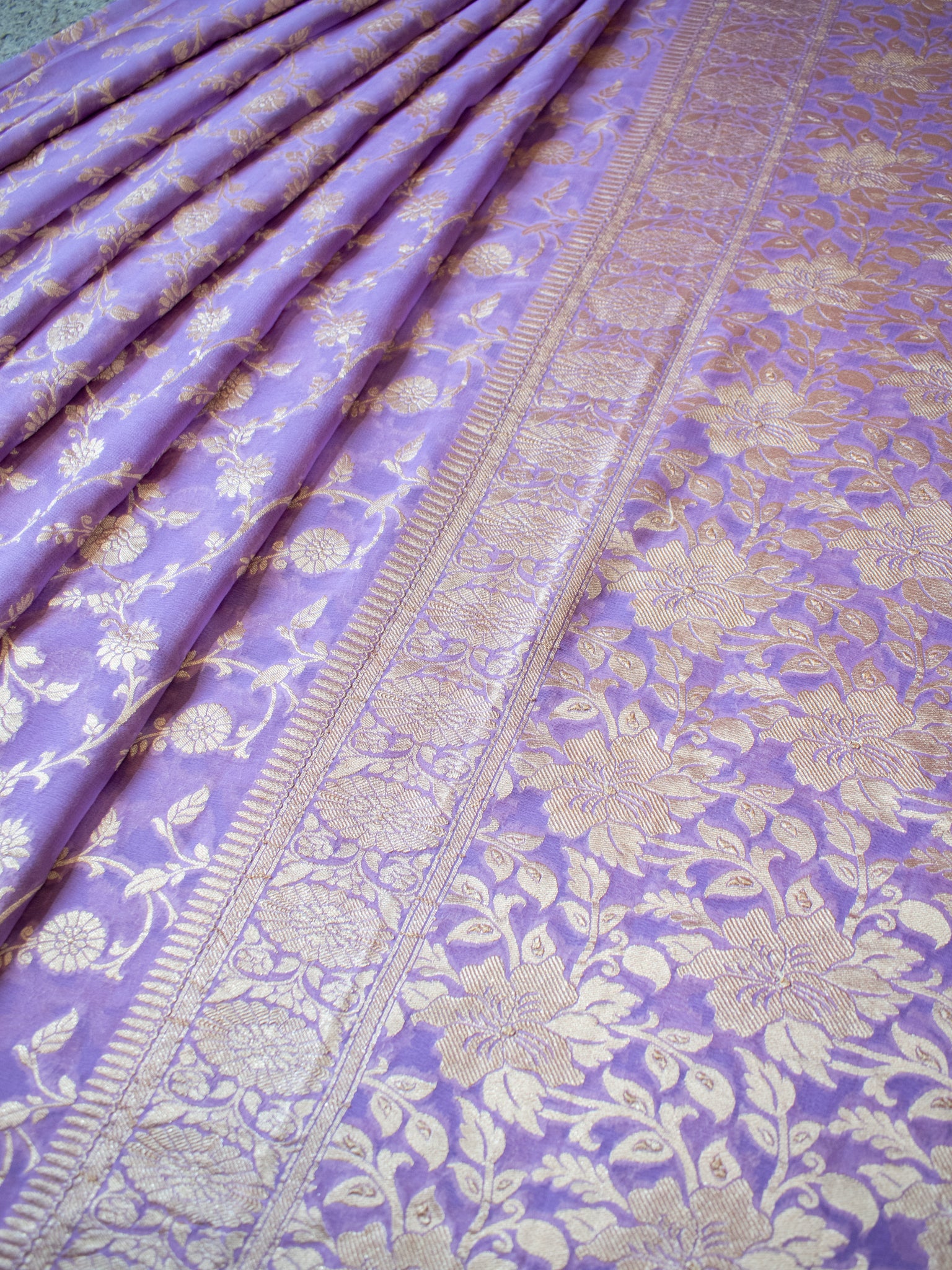 Banarasi Pure Khaddi Georgette Saree With Floral Weaving- Lavender