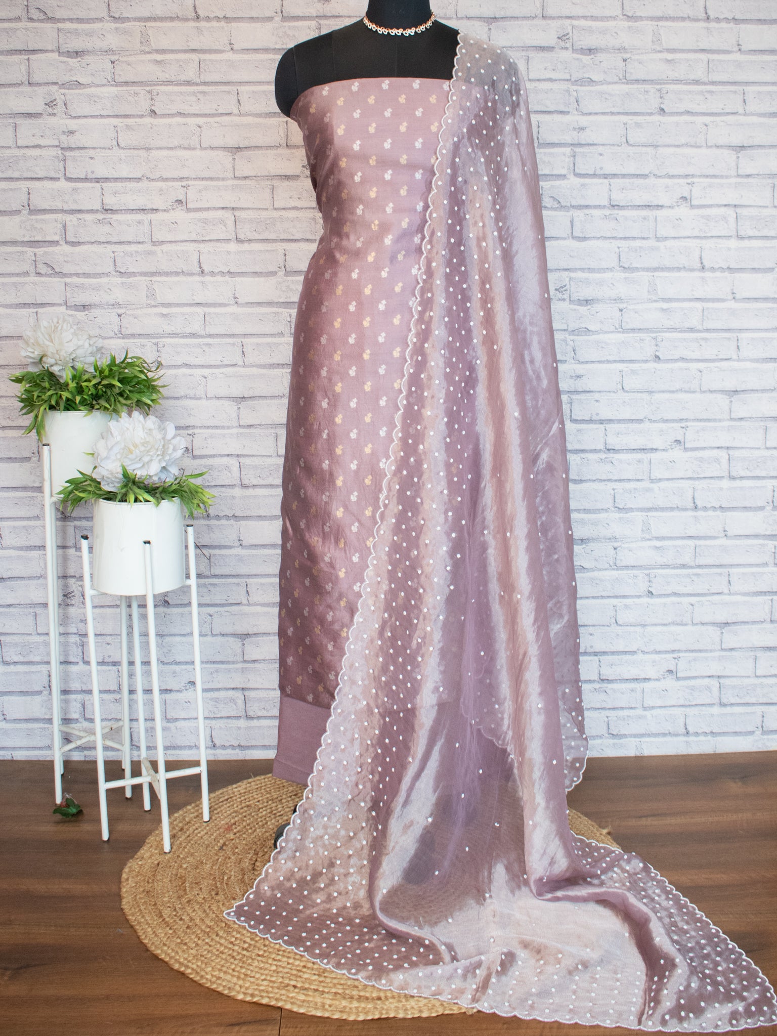Banarasi Pure Chiniya Salwar Kameez With Tissue Handwork Dupatta-Mauve