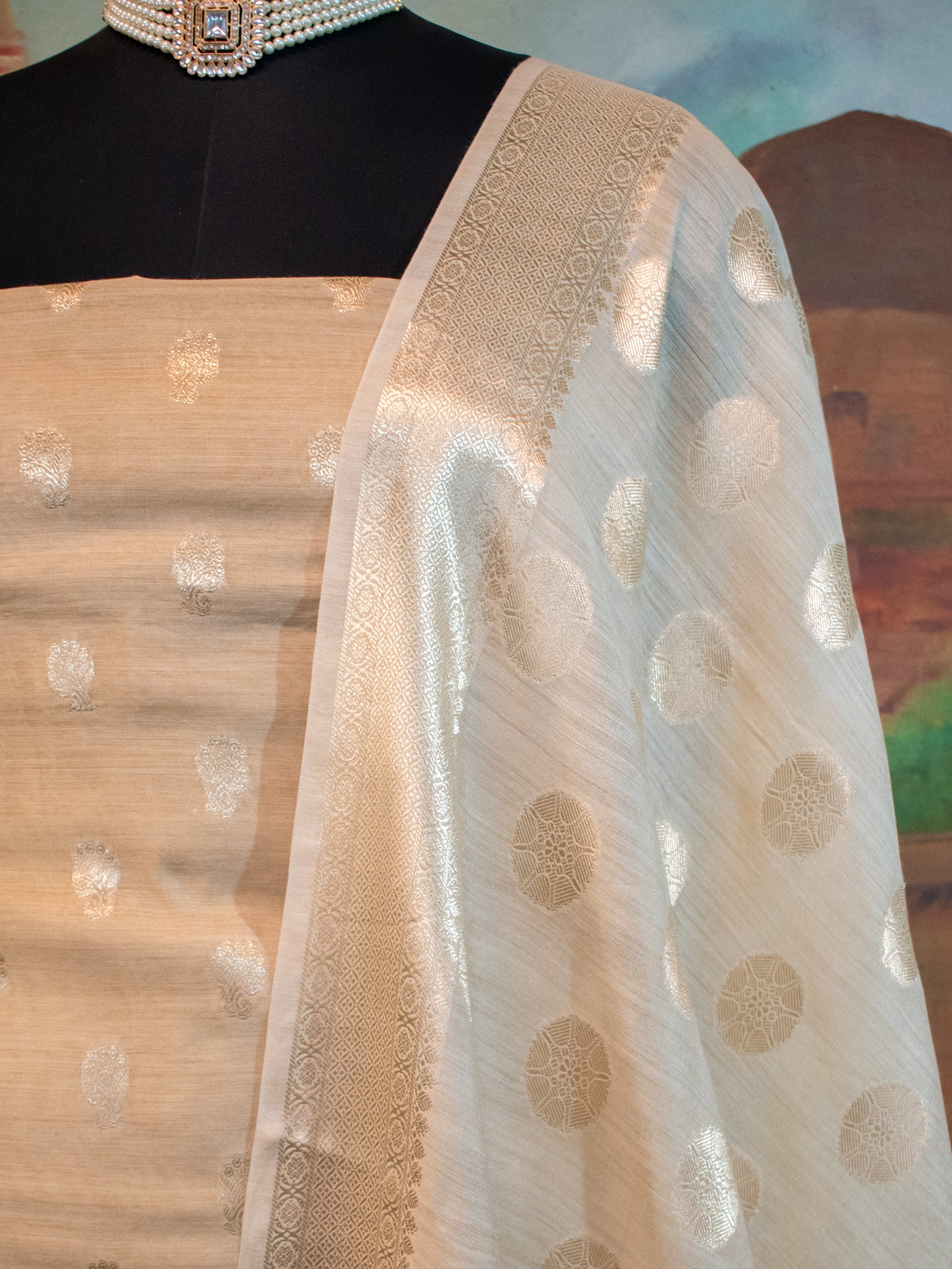 Banarasi Pure Muga Silk Salwar Kameez- Beige
