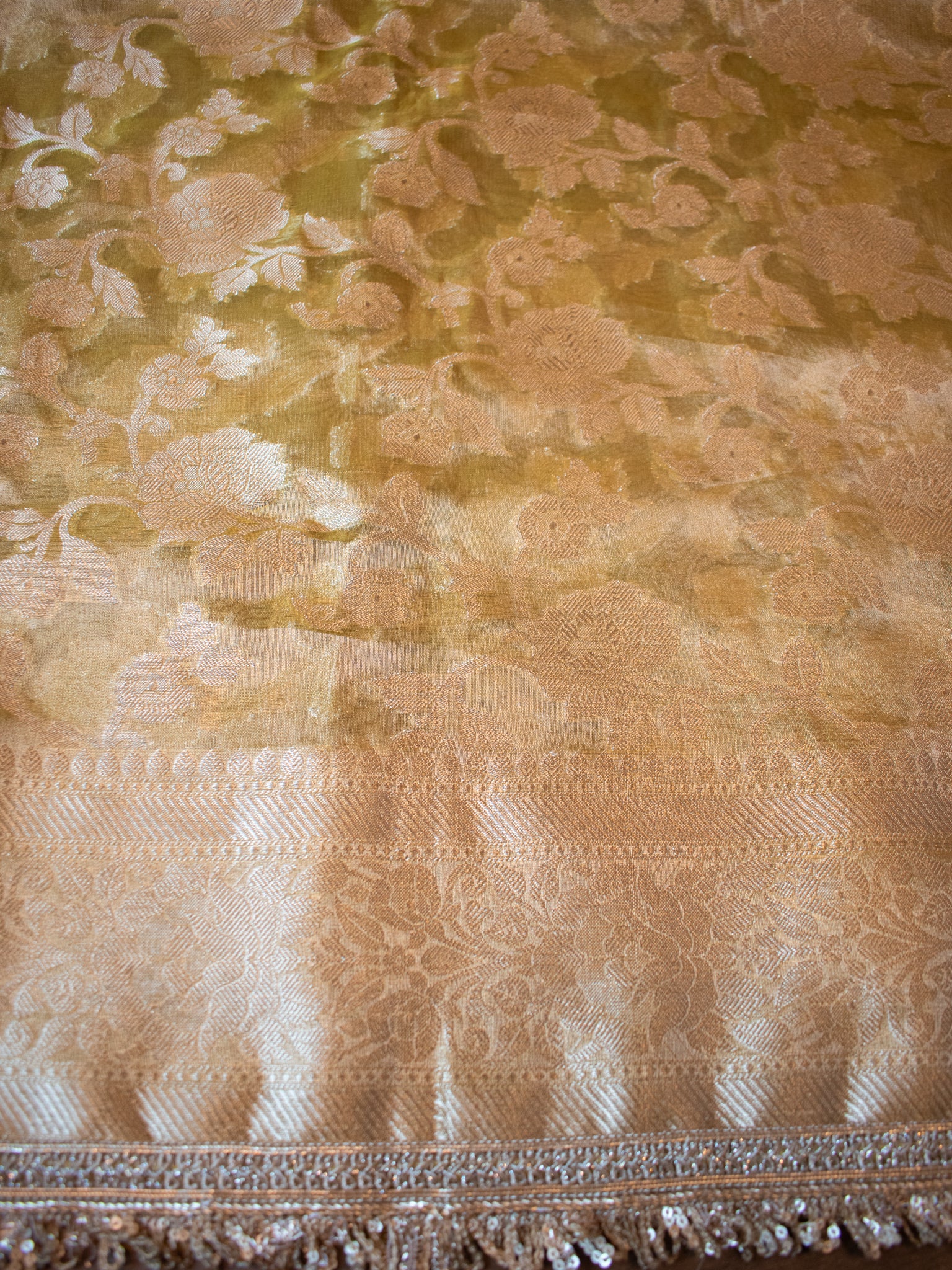 Banarasi Mirror Work Tissue Saree with Lace Border - Yellow