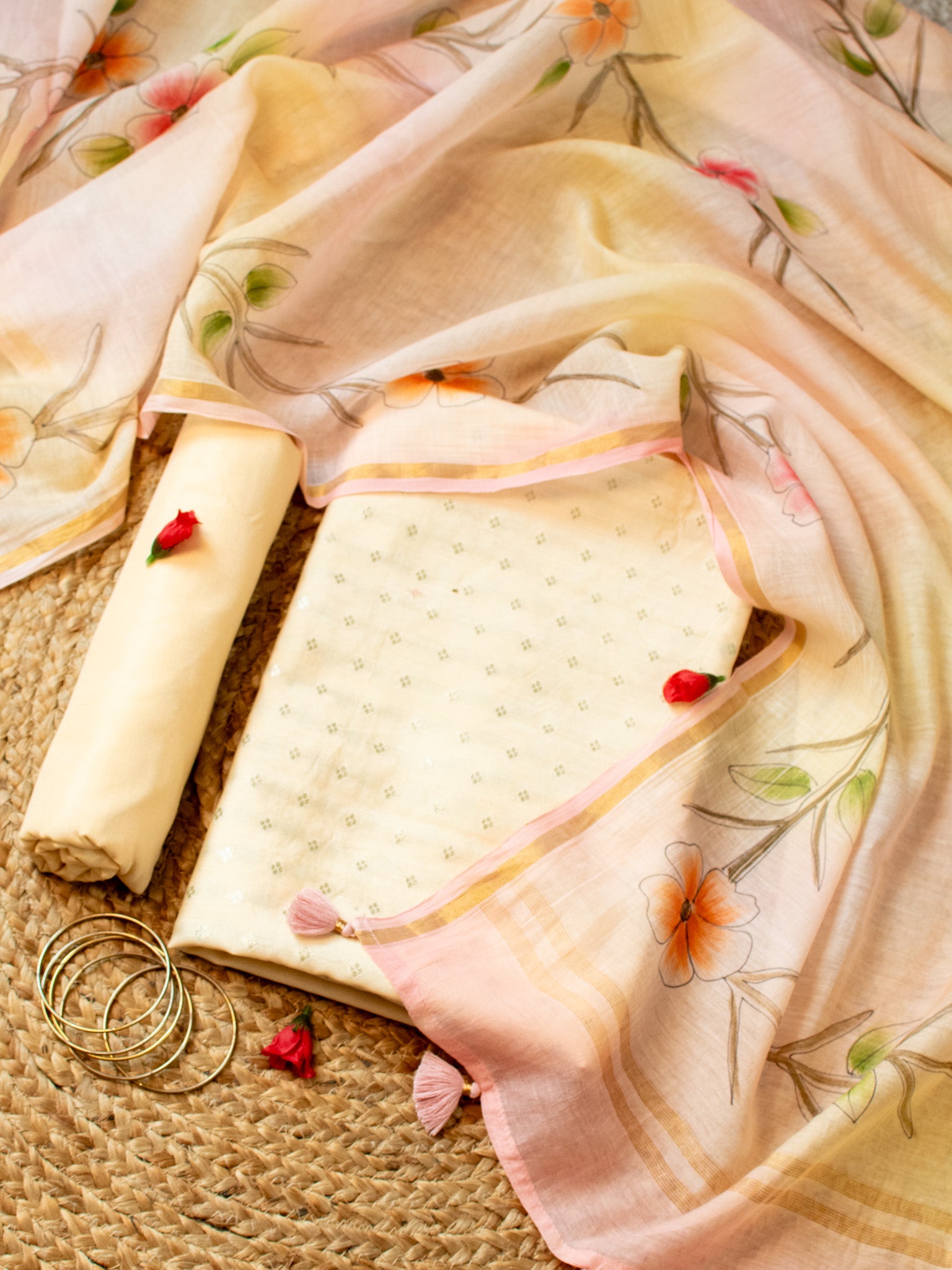 Banarasi Soft Cotton Salwar Kameez Fabric With Hand Painted Dupatta- Peach