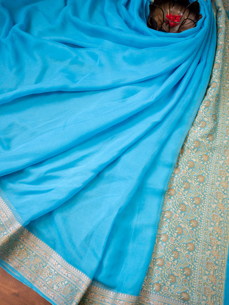 Banarasi Pure Georgette Plain Saree With Antique Zari Floral Border-Blue