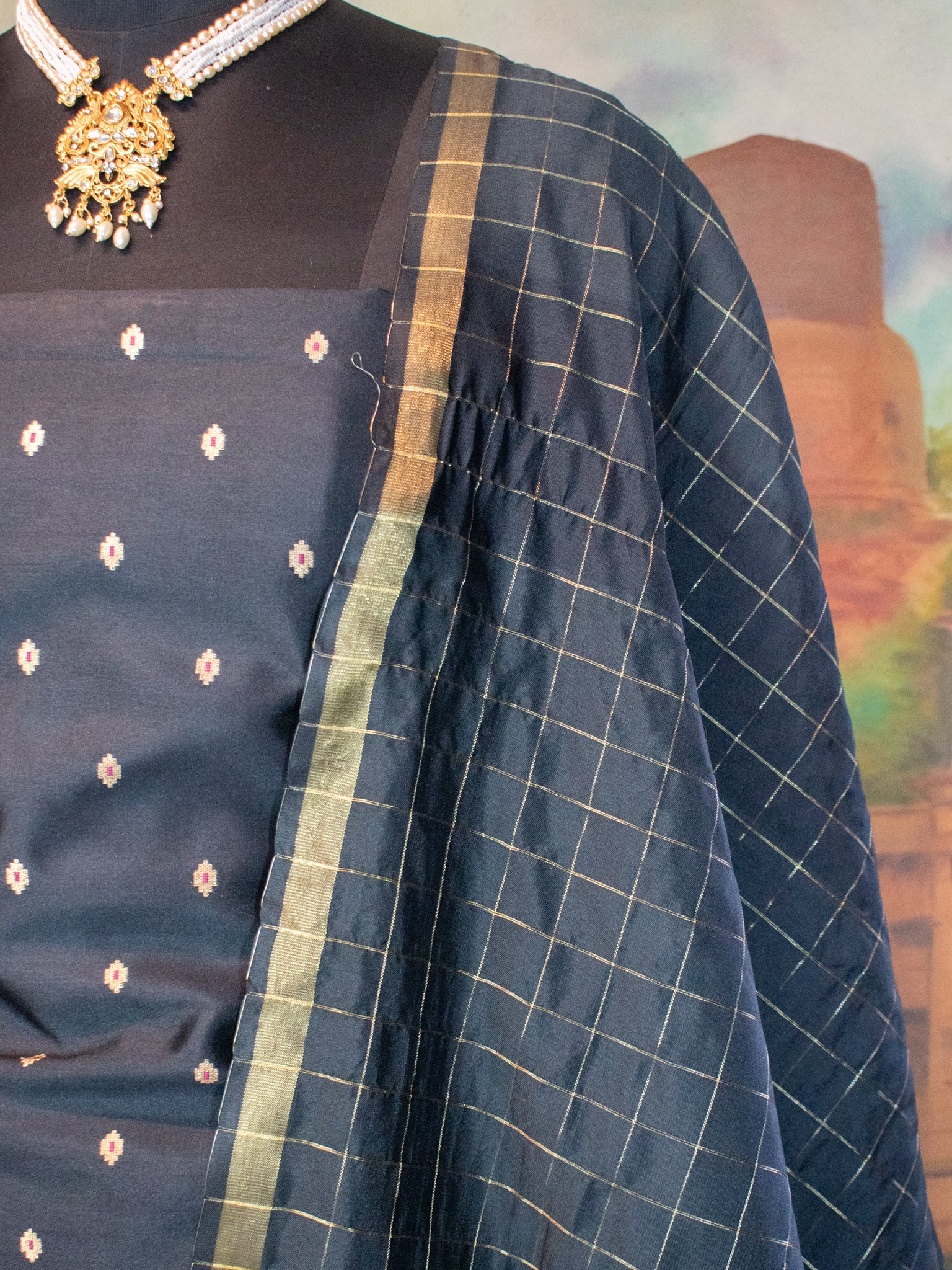 Banarasi Cotton Silk Salwar Kameez With Dupatta- Black