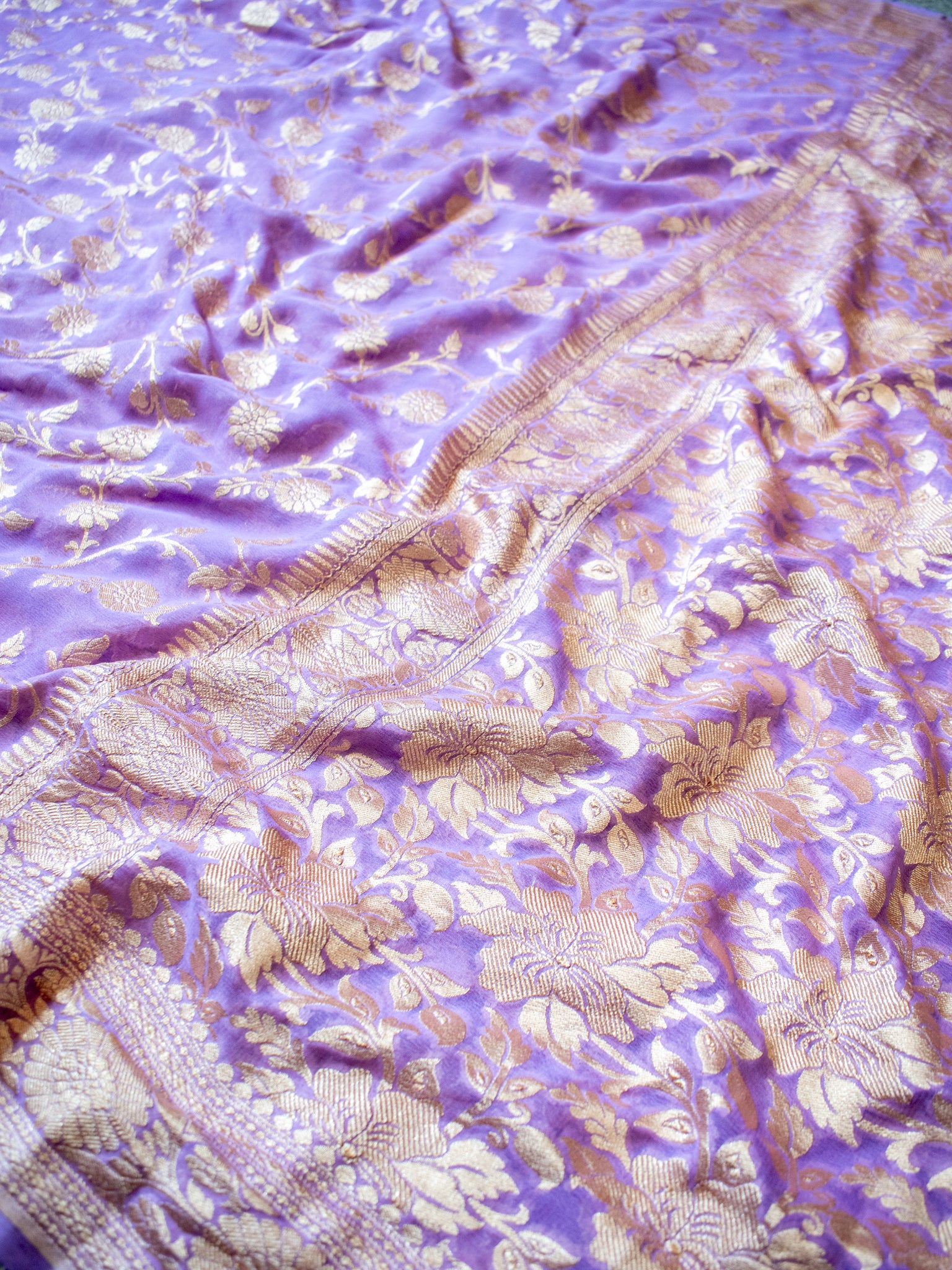 Banarasi Pure Khaddi Georgette Saree With Floral Weaving- Lavender