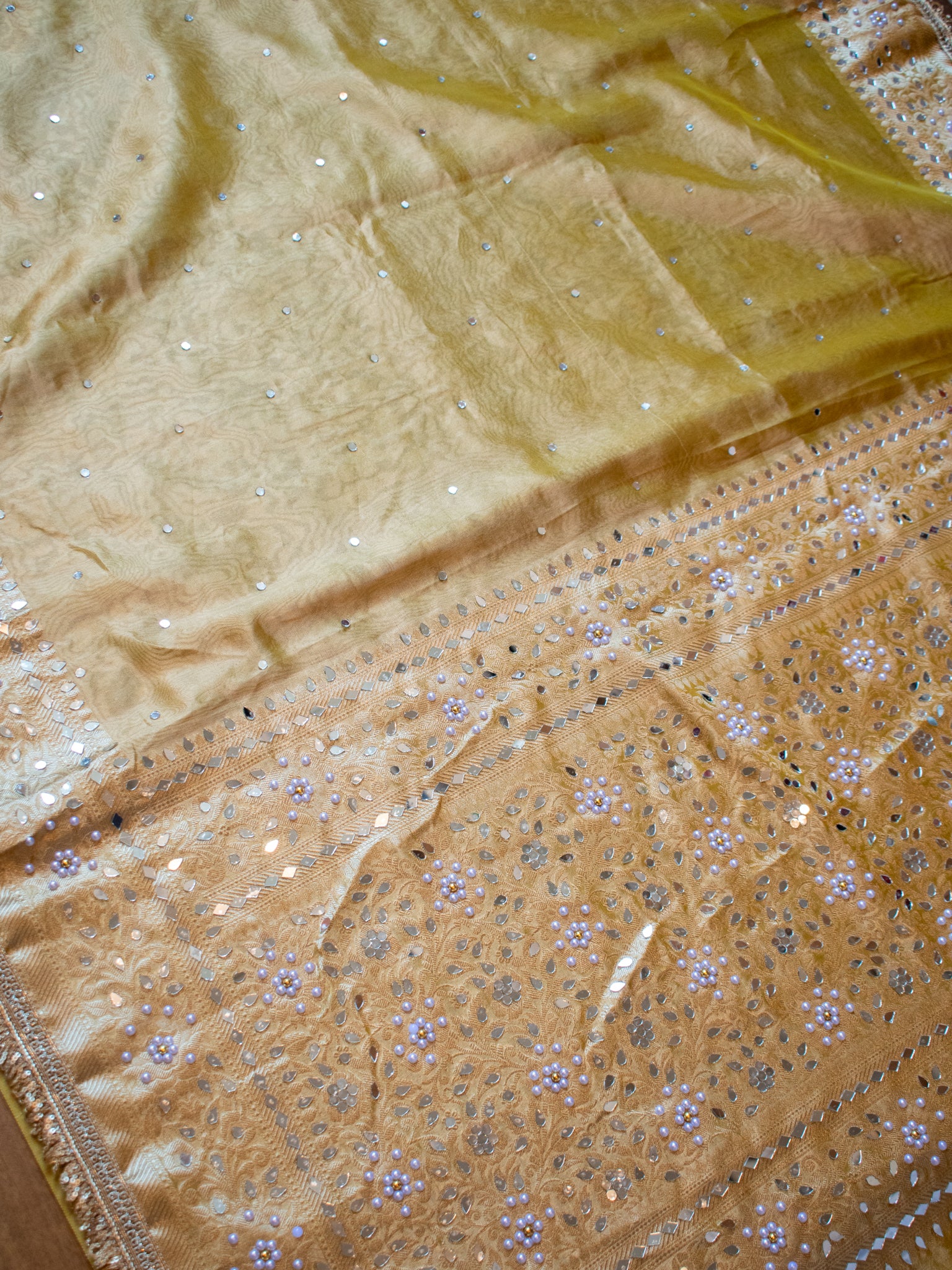 Banarasi Mirror Work Tissue Saree with Lace Border - Yellow