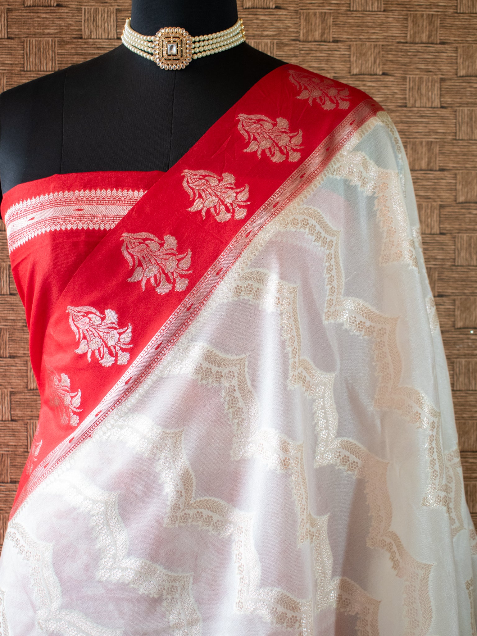 Banarasi Semi Silk Saree With Silver Zari Weaving & Contrast Border- Red & White