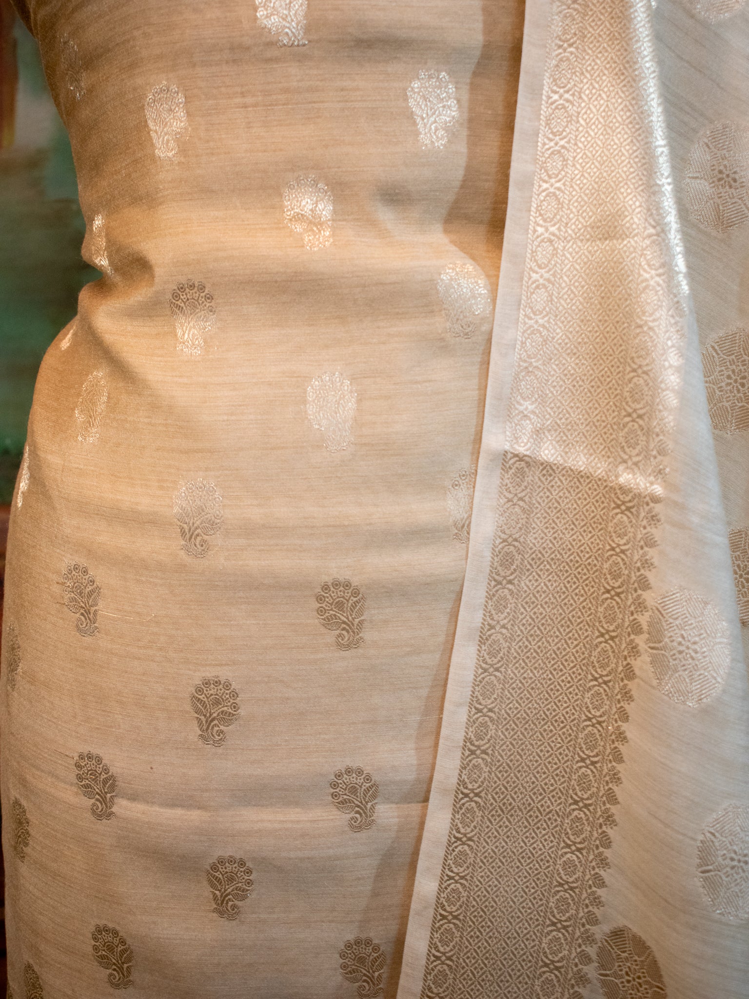 Banarasi Pure Muga Silk Salwar Kameez- Beige