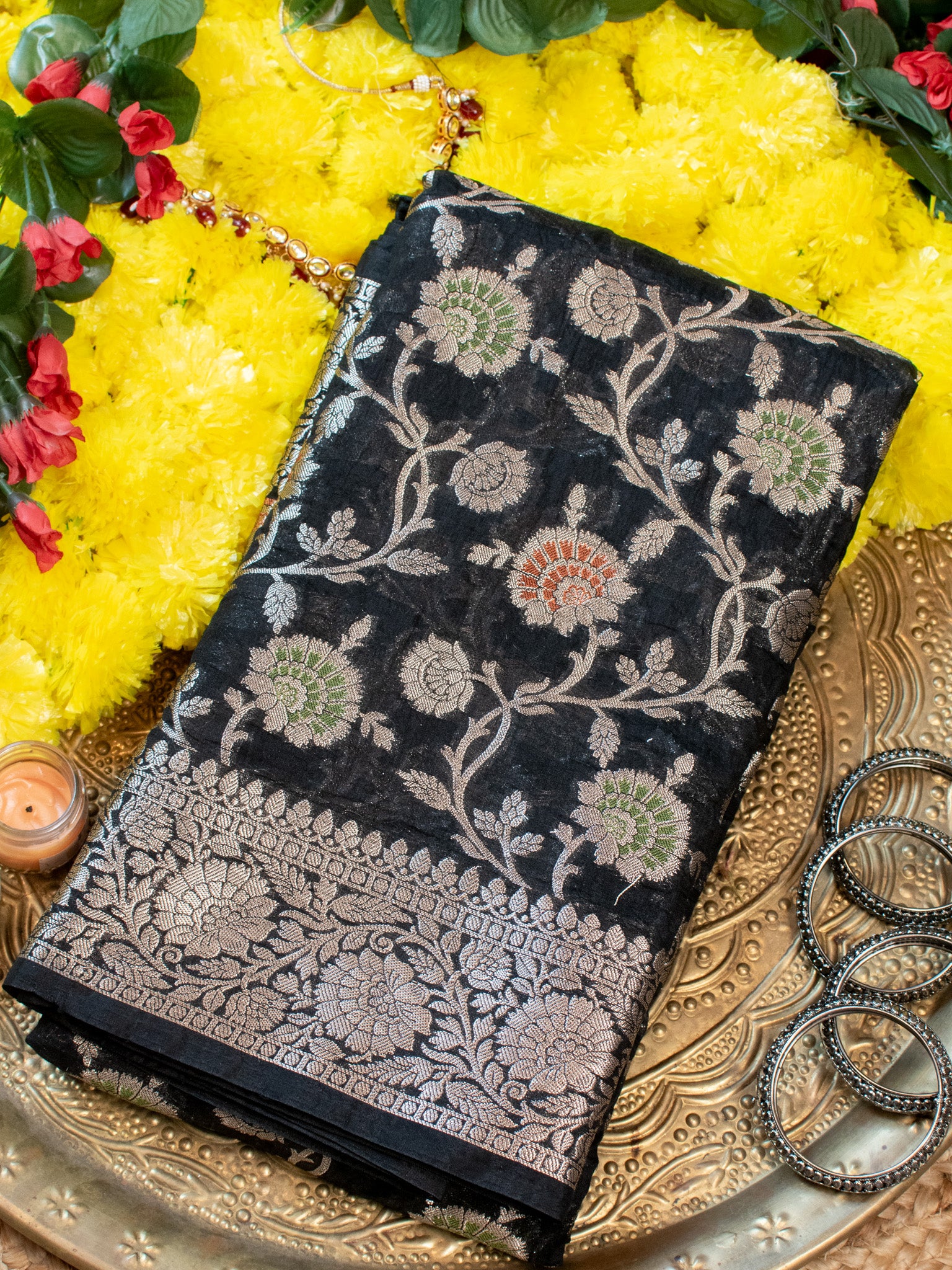 Banarasi Cotton Silk Saree Silver Zari Floral Weaving With Border- Black