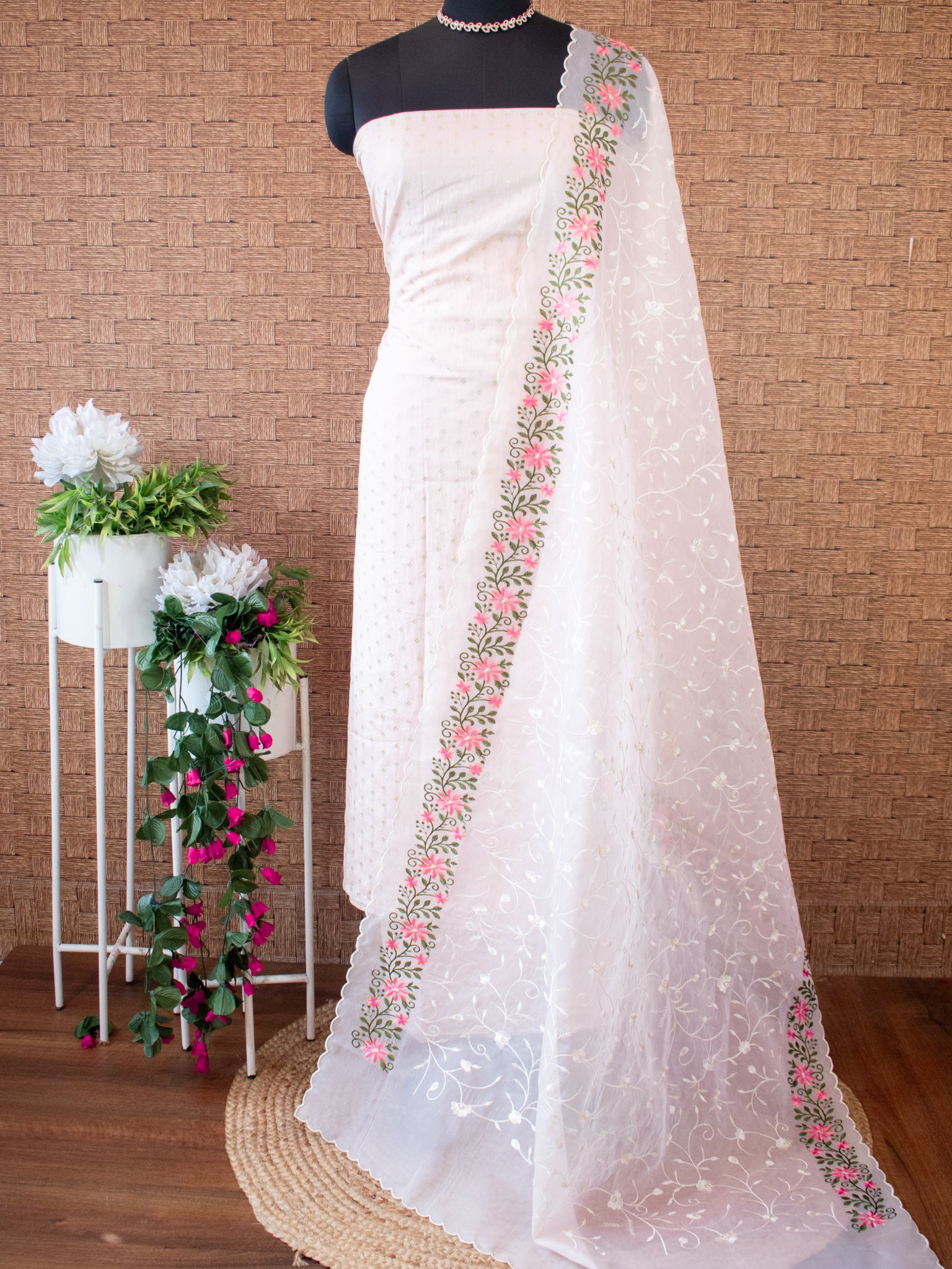 Banarasi Modal Salwar Kameez Fabric With Organza Dupatta- Pink