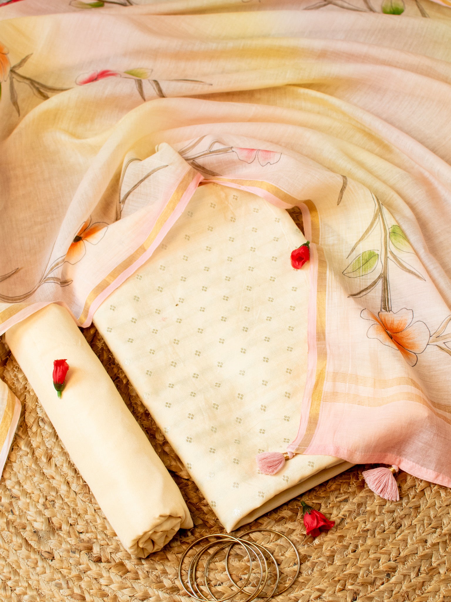 Banarasi Soft Cotton Salwar Kameez Fabric With Hand Painted Dupatta- Peach