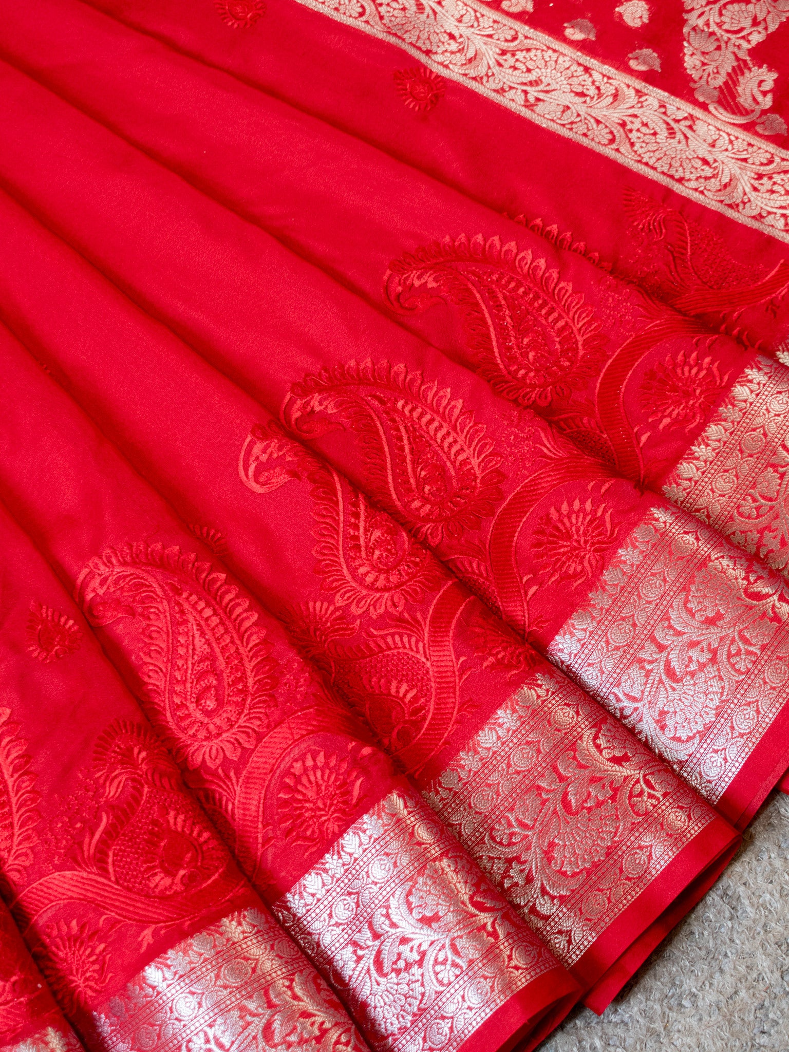 Banarasi Semi Silk Saree With Zari Border - Red