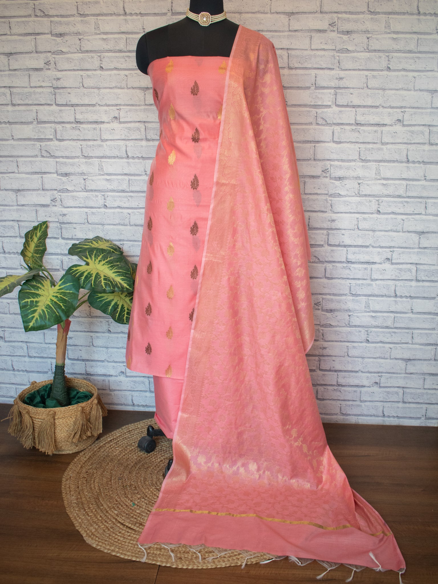 Banarasi Cotton Silk Salwar Kameez with Floral Dupatta- Pink
