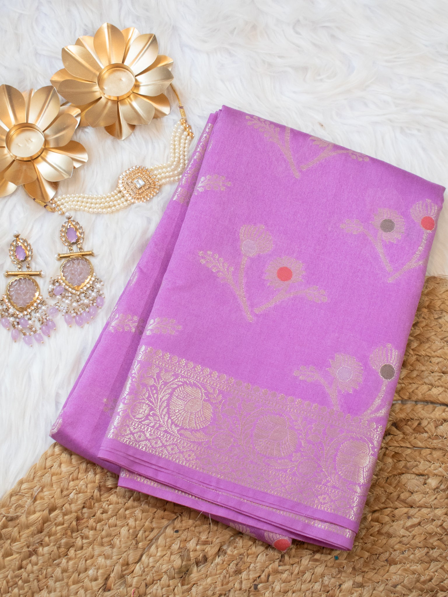 Banarasi Cotton Silk Saree With Zari Weaving & Border- Lavender