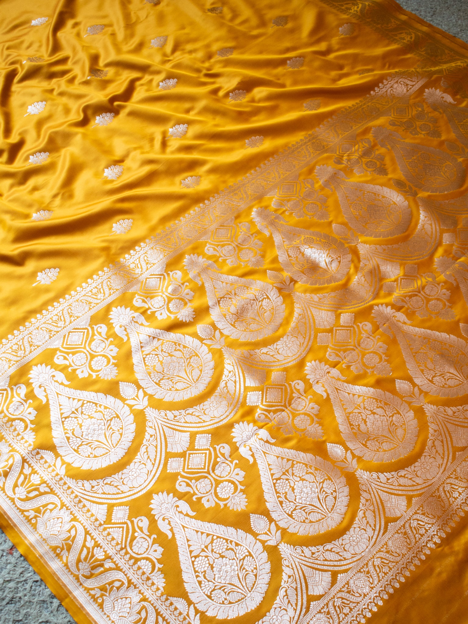 Banarasi Mashru Silk Saree With Buti & Border- Yellow