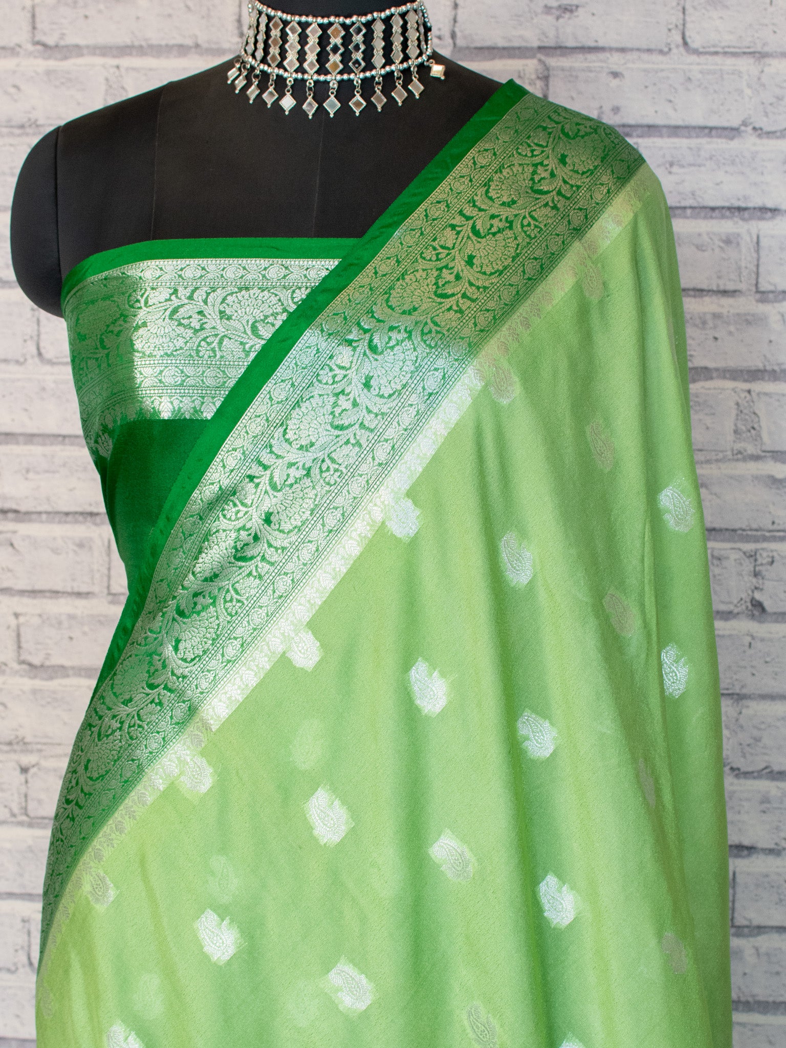 Banarasi Semi Chiffon Saree Silver Zari Buti Weaving With Contrast Border- Green