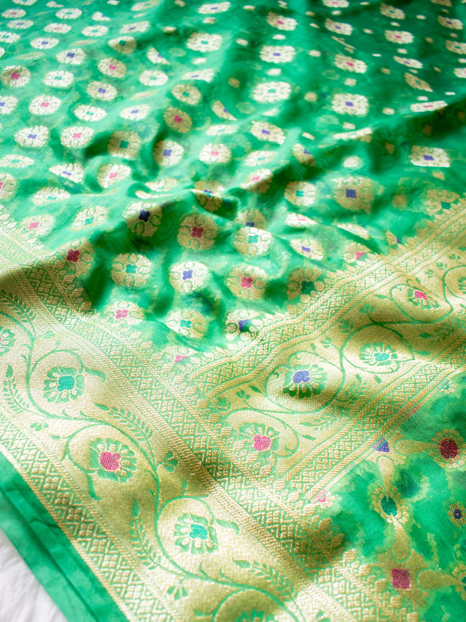 Banarasi Pure Cotton Saree With Zari & Resham Buti Weaving & Border- Green