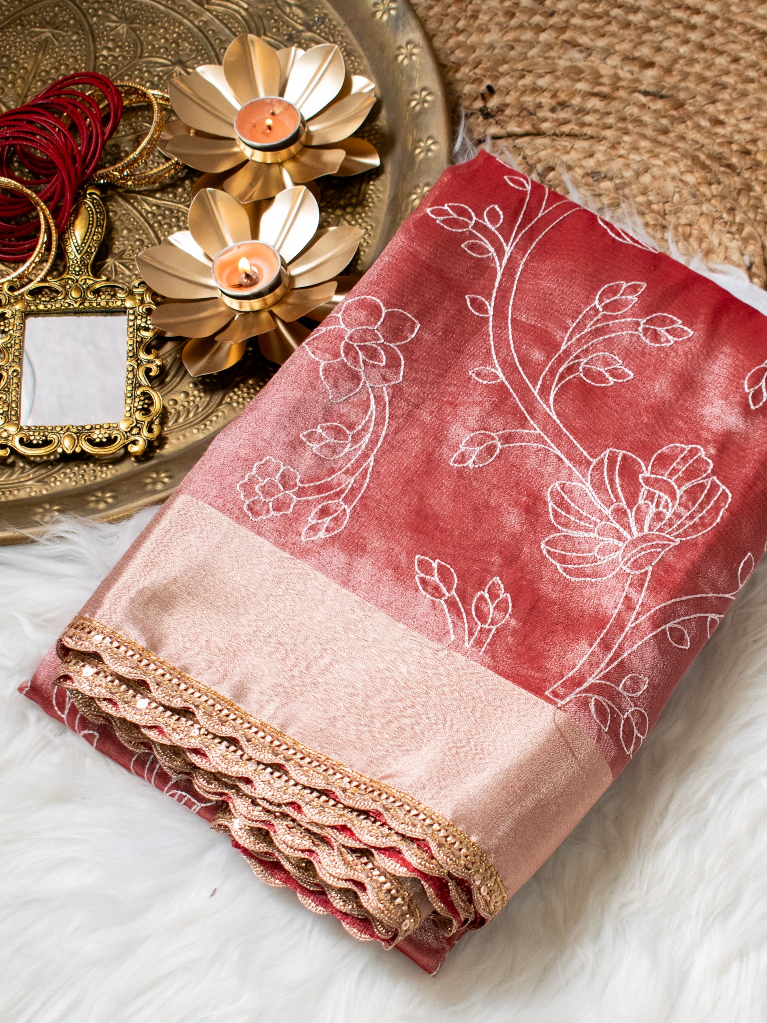 Banarasi Tissue Embroidered Saree With Weaving & Lace Border- Red