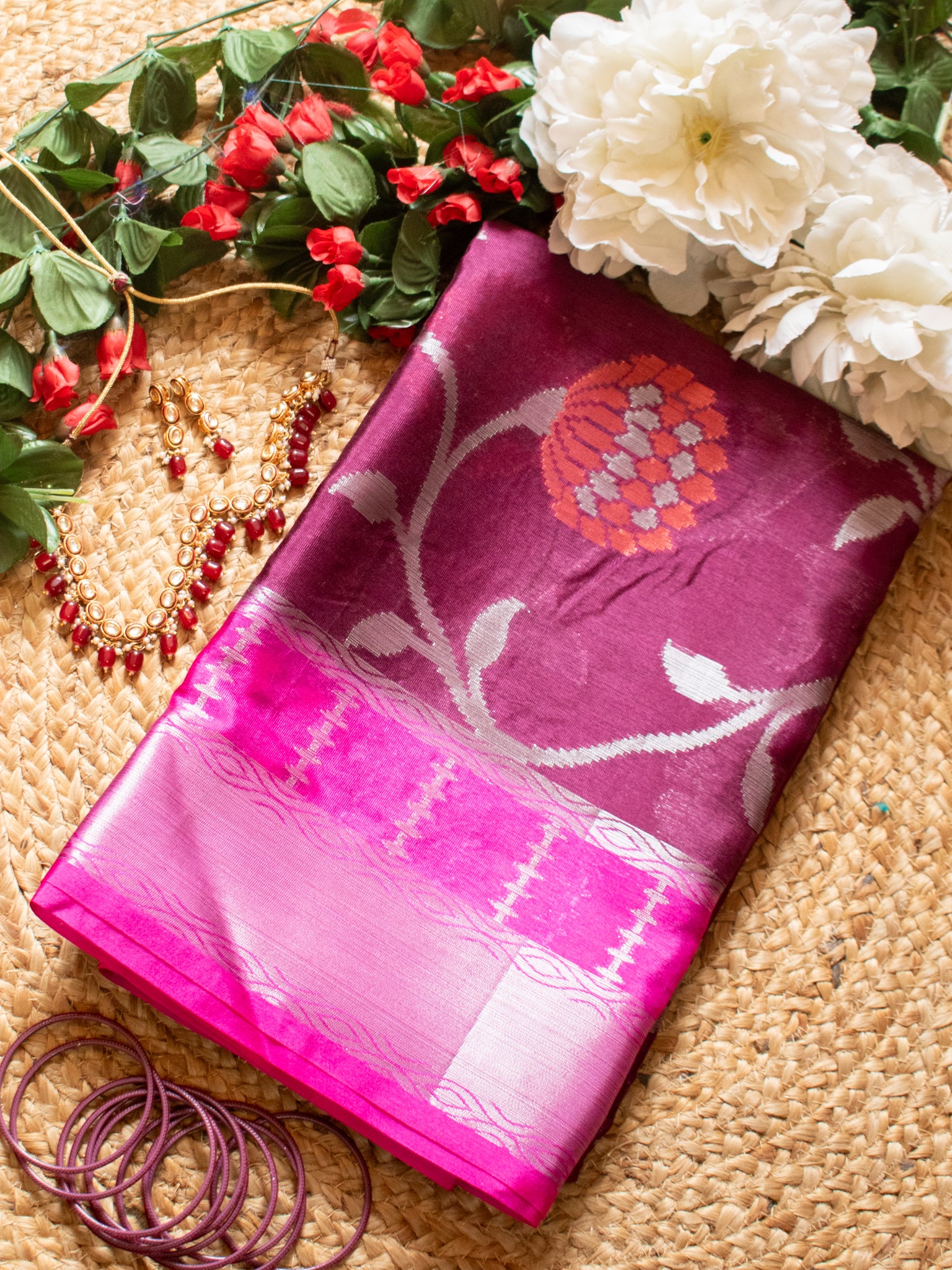 Banarasi Cotton Mix Saree with Floral Weaving & Border- Wine