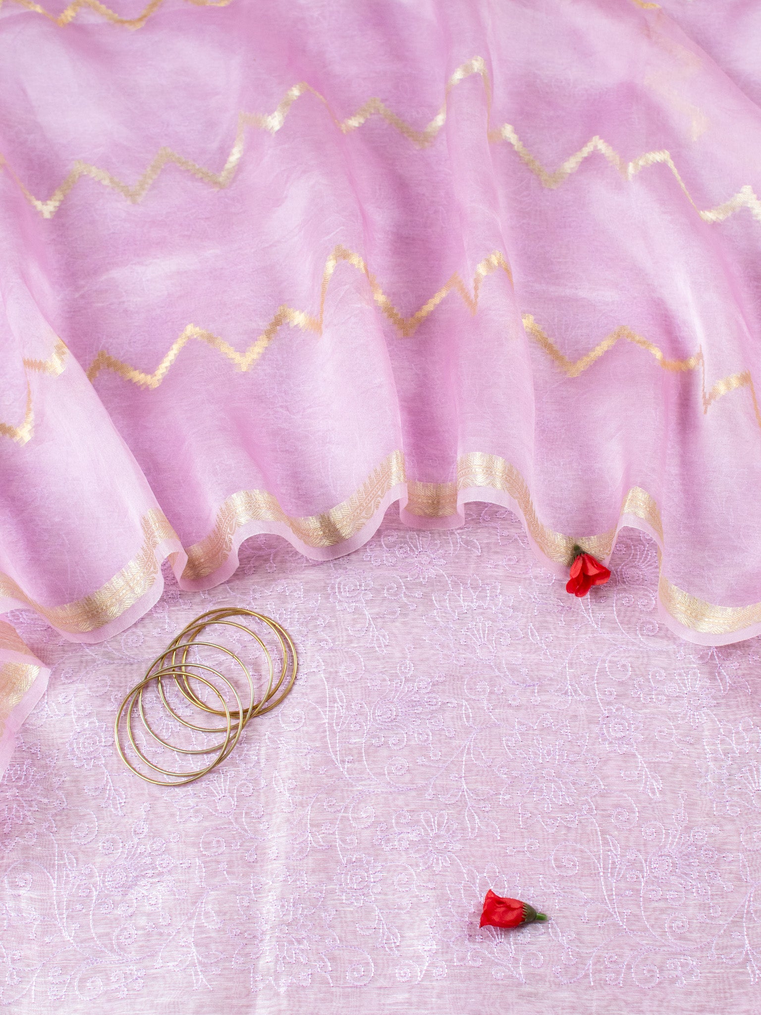 Banarasi Soft Embroidered Cotton Salwar Kameez Fabric With Organza Dupatta- Pink