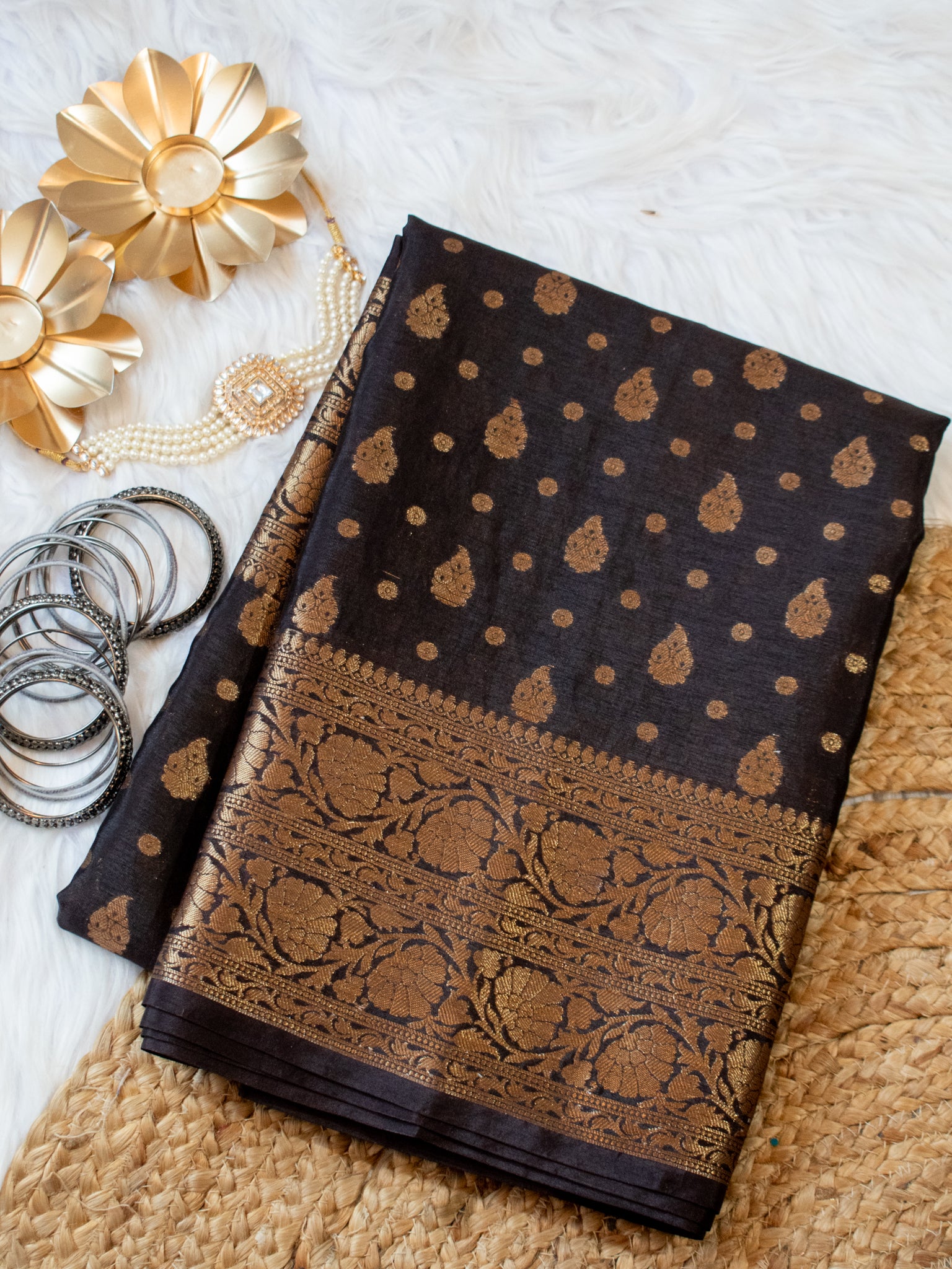 Banarasi Soft Cotton Saree With Antique Zari Weaving & Border- Black