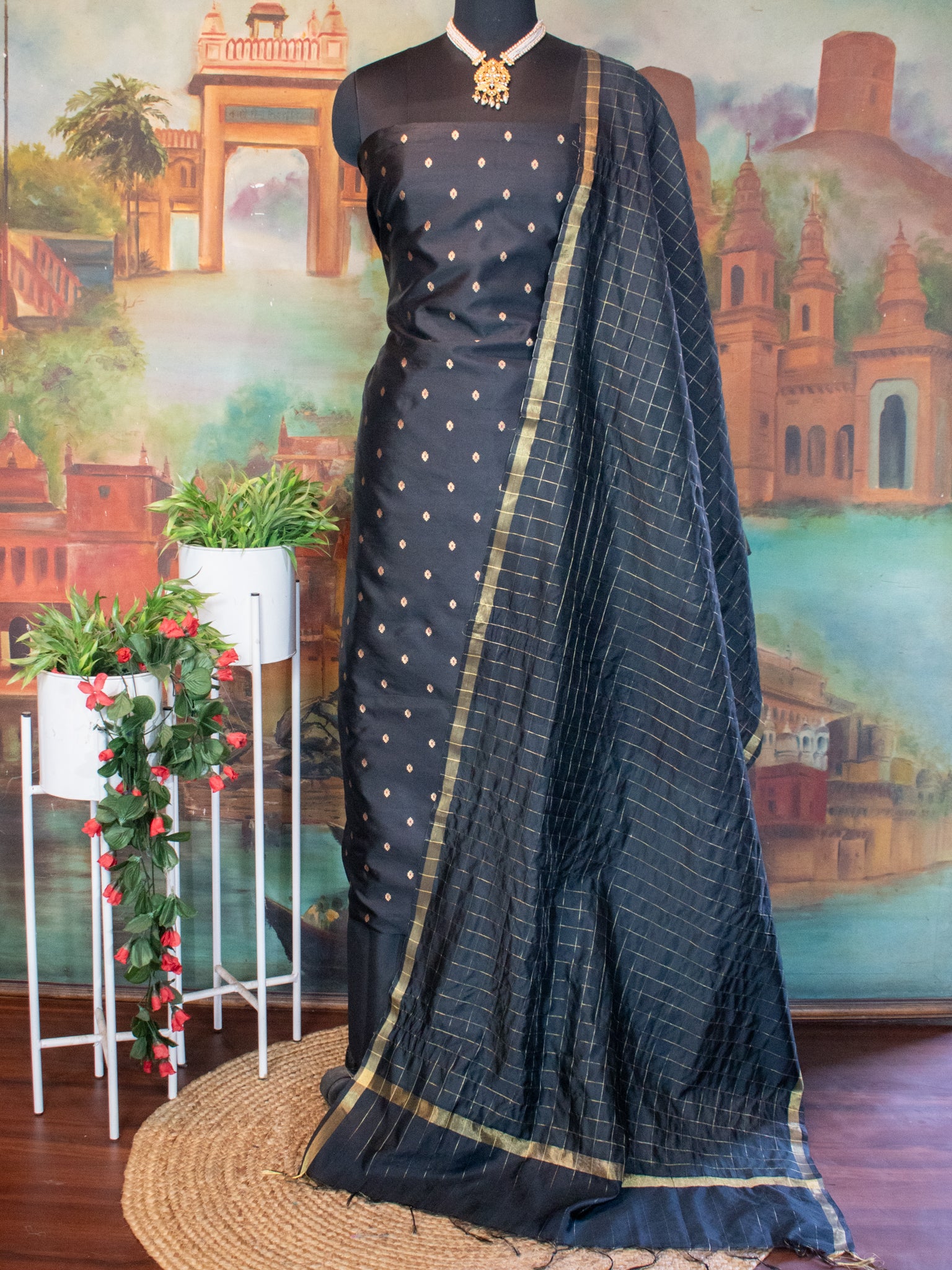 Banarasi Cotton Silk Salwar Kameez With Dupatta- Black