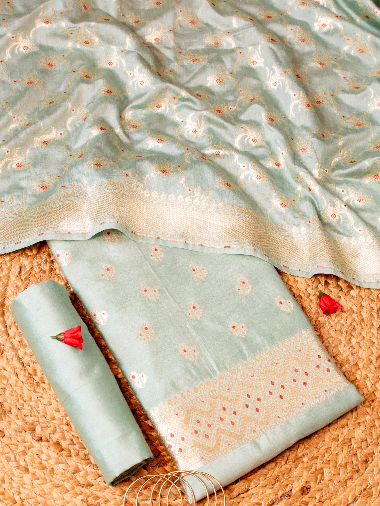 Banarasi Soft Cotton Salwar Kameez Fabric With Zari Dupatta- Green