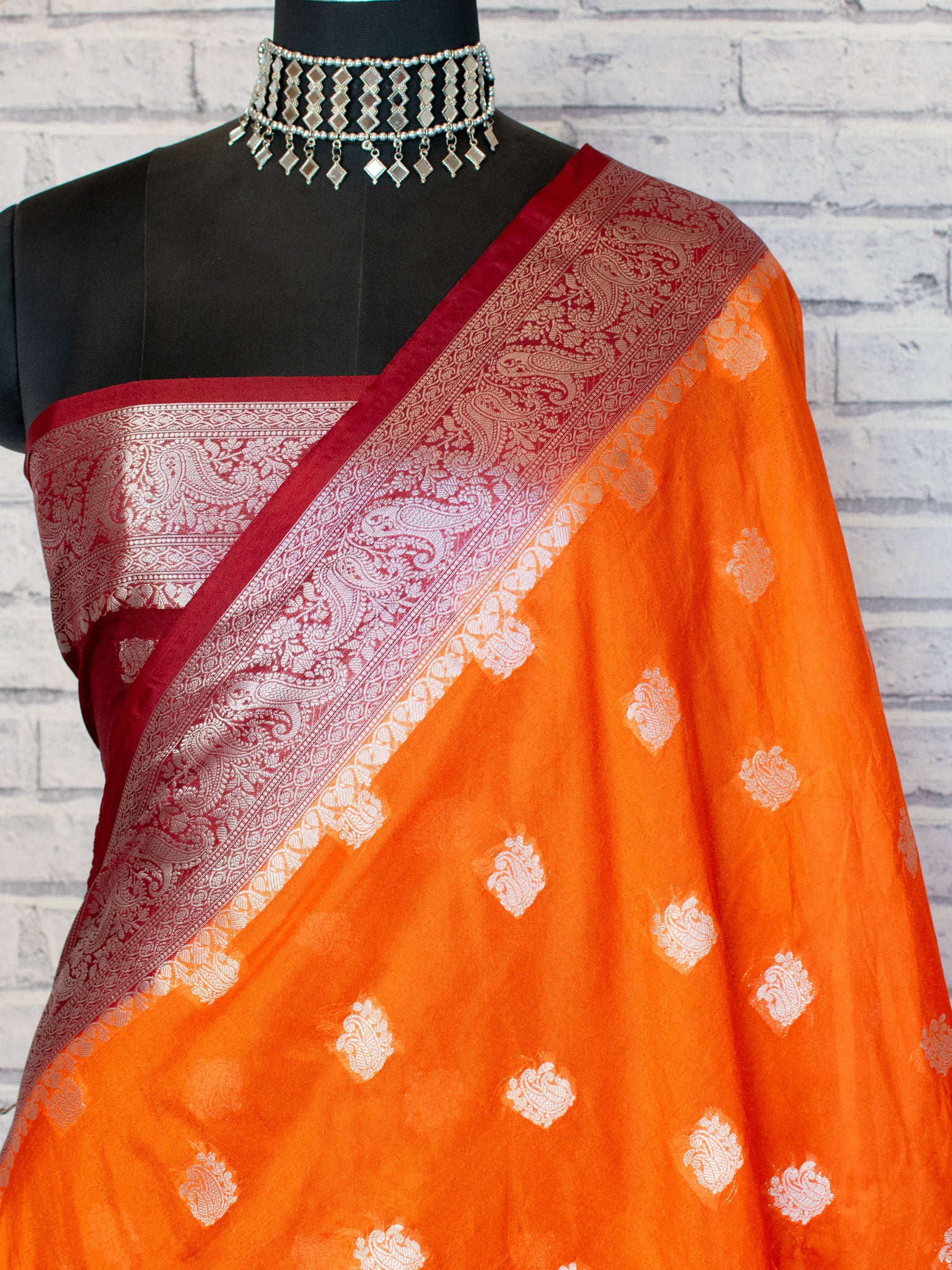 Banarasi Semi Chiffon Saree Silver Zari Buti Weaving With Contrast Border- Orange