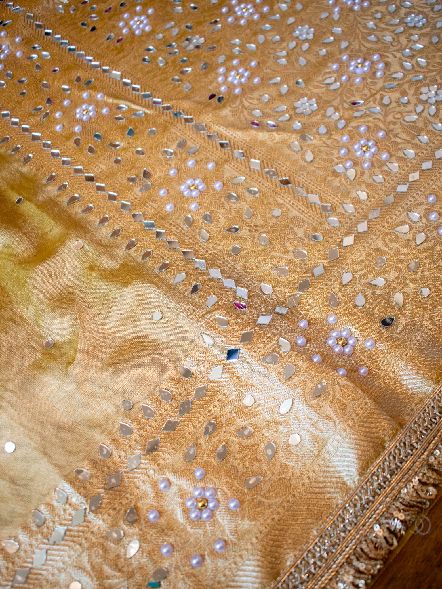 Banarasi Mirror Work Tissue Saree with Lace Border - Yellow