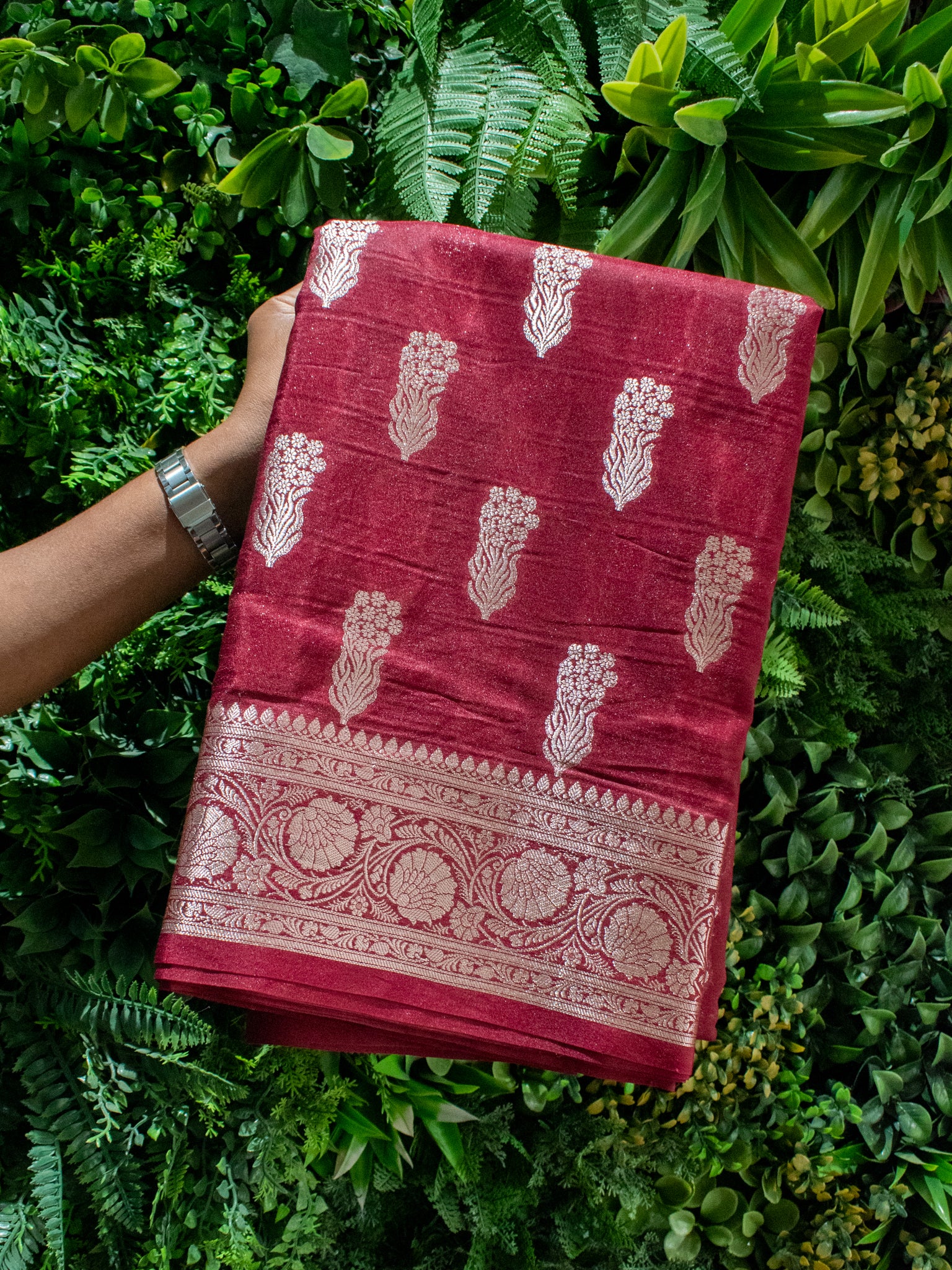 Banarasi Semi Silk Saree With Silver Zari Weaving & Border- Maroon