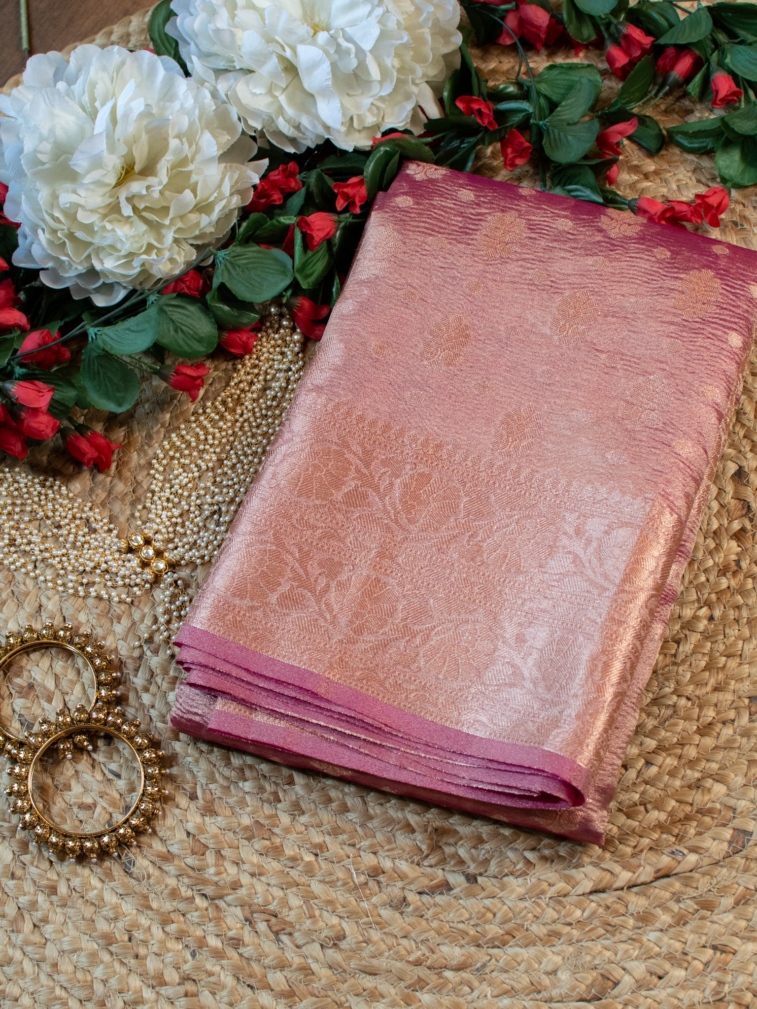 Banarasi Crushed Tissue Saree With Buti & Zari Border-Pink