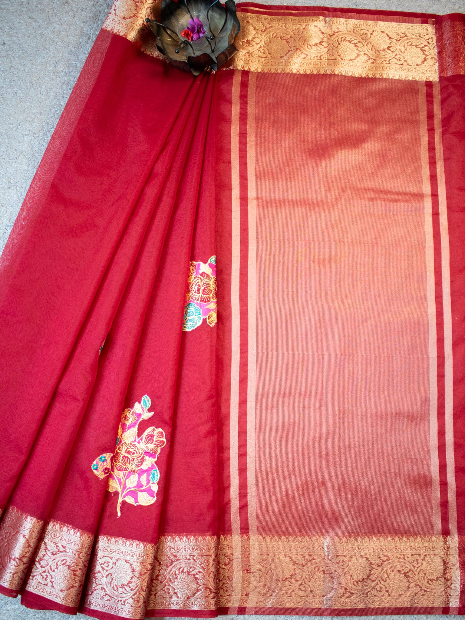 Banarasi Organza Saree With Zari Border- Maroon