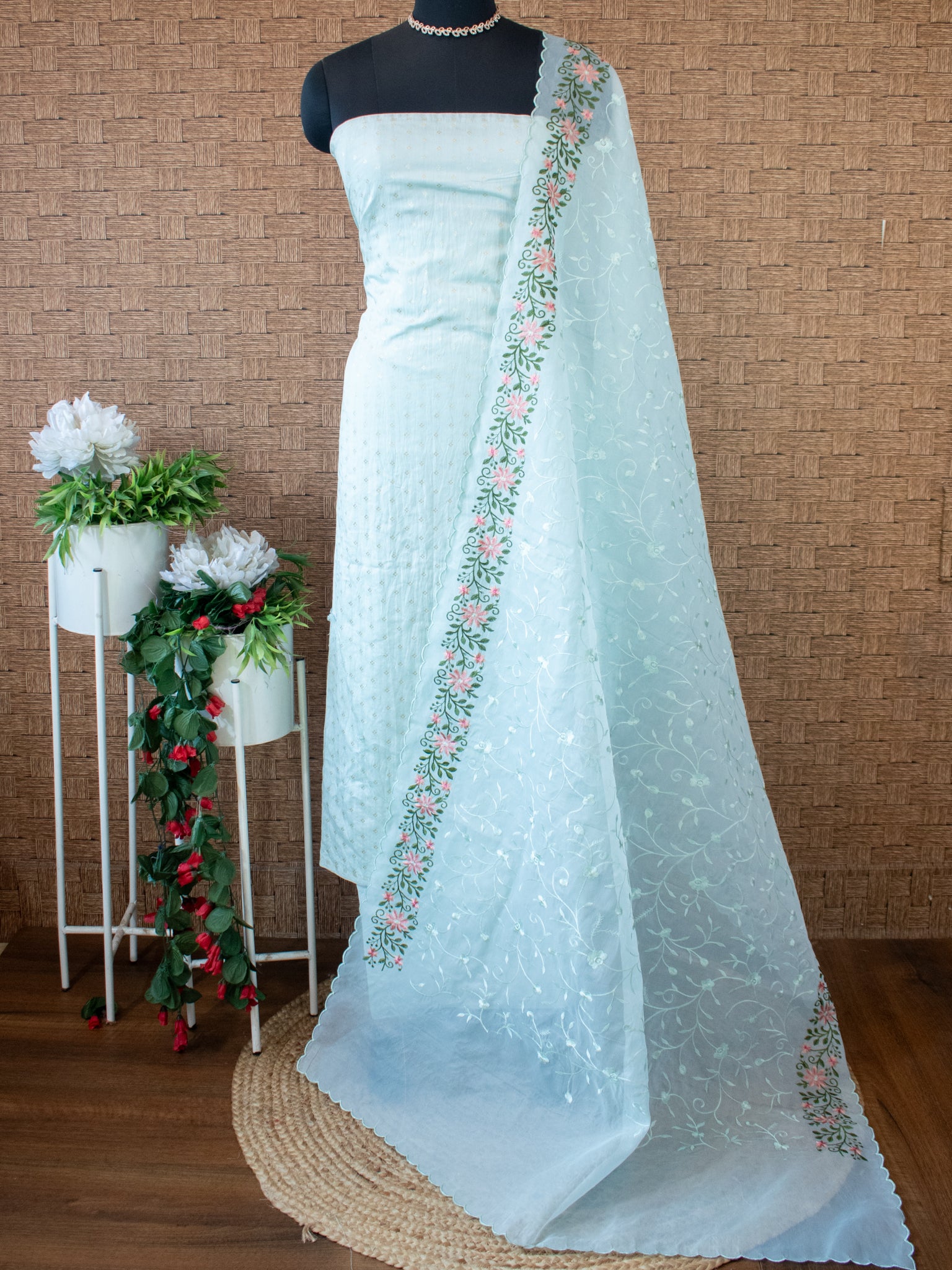 Banarasi Modal Salwar Kameez Fabric With Organza Dupatta- Blue